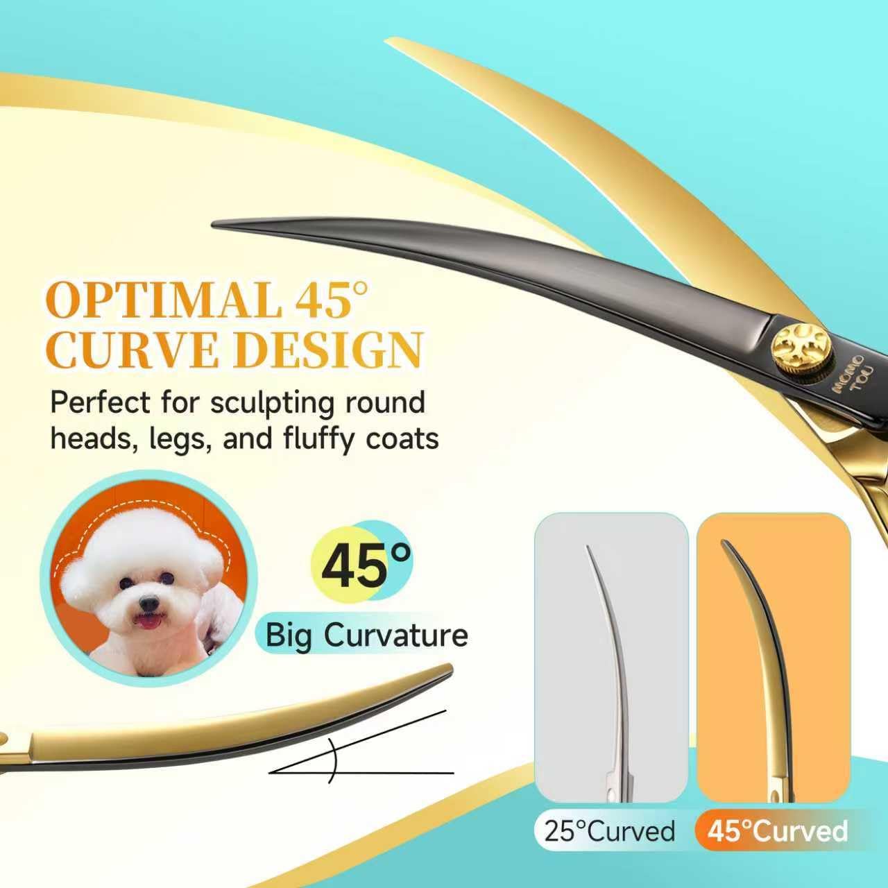 45°Super Curved Dog Grooming Scissors 440C Stainless Steel CNC 7.5'' Big Arc Curved Dog Shears Sharp and Durable for Professional Groomers