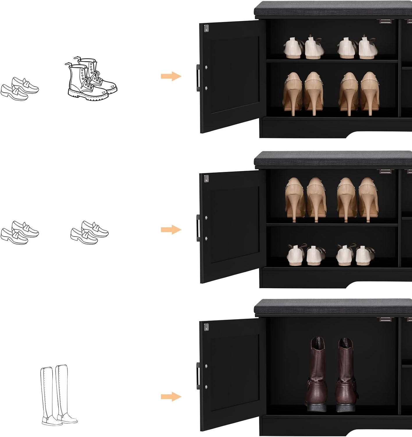 2-Tier Storage Bench, Shoe Bench with Padded Seat Cushion, Entryway Bench with 2 Barn Doors, Adjustable Shelf, 13.8" D x 39.4" W x 17.7" H, for Entryway, Living Room, Bedroom, Black