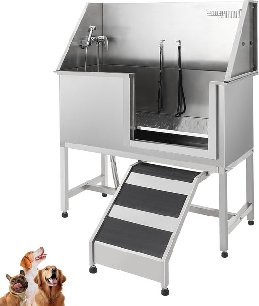 JoyJoy Stainless Steel Dog Washing Station - Dog Bath Tub for Large, Medium, Small Dogs, Pet Grooming Tub with Ramp, Non-Slip Grate, Shower, Soap Box, Faucet, Drain for Home & Outdoor(38")