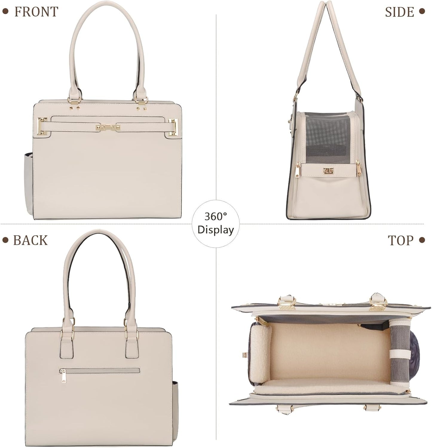 2-in-1 Stylish Dog Purse Carrier Soft-Sided Carriers Travel Tote Bag for Small Dogs Cats, Fashion Foldable Pet Bag for Puppies Small Animals with Pockets (White, 15" L x 7.5" W x 12.2" H)