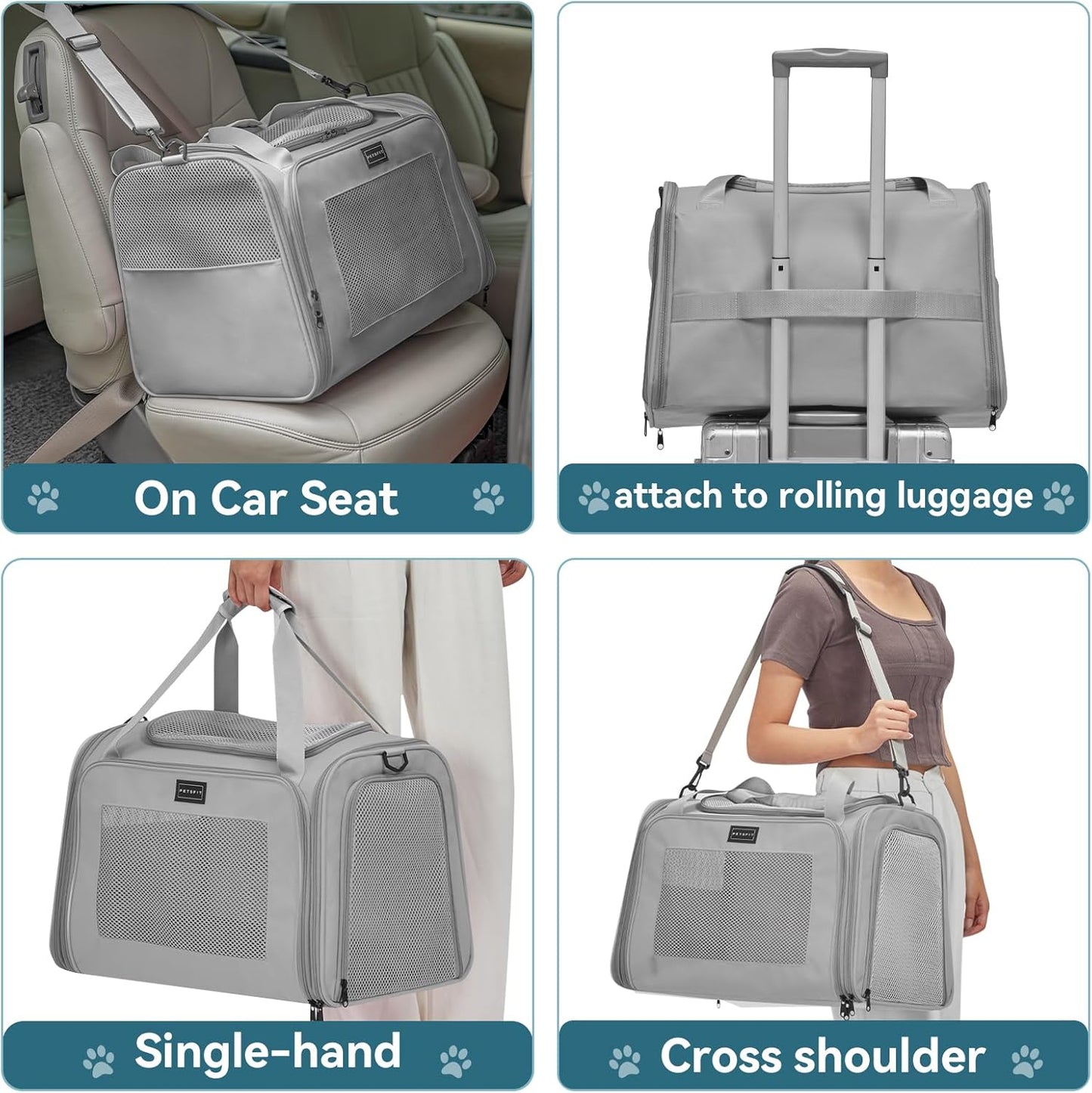 PETSFIT Dog Carrier Cat Carriers for Puppies, Medium Cats up to 25Lbs, Travel Soft Sided Pet Carrier (Large, Grey)