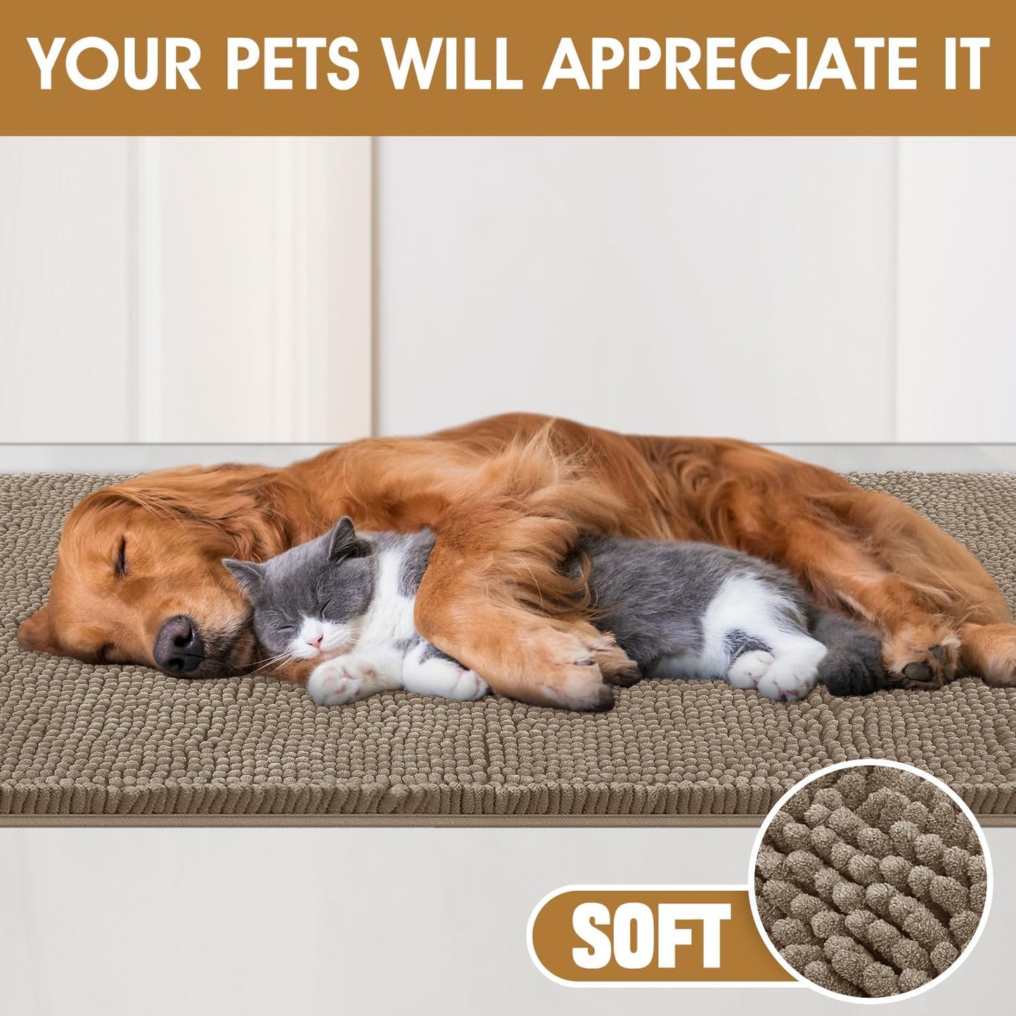 IM HOME Extra Large Dog Door Mats for Muddy Paws, Chenille Absorbent Dog Mats, Non Slip Heavy Mud Mat for Dogs, Soft Pet Mat for Entryway, Mud Paws, Inside Floor,71" x 25", Beige