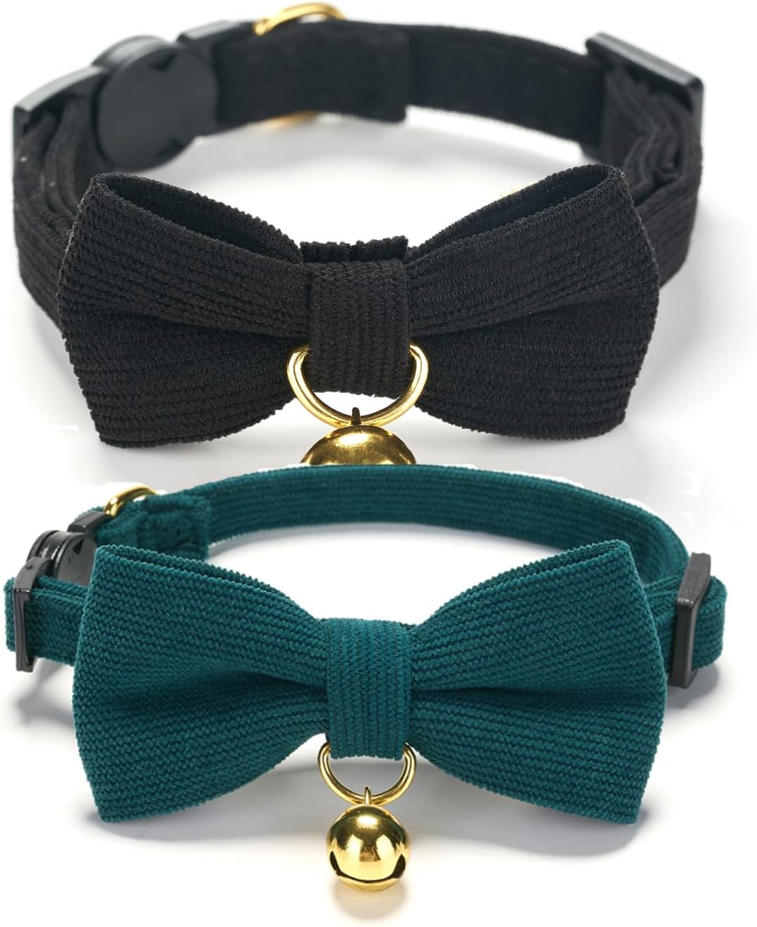 2 Pack Soft Corduroy Cat Collars with Bow Tie & Bell, Adjustable Breakaway Cotton Kitty Bowtie Collar for Boy Male Cats(Black & Green)