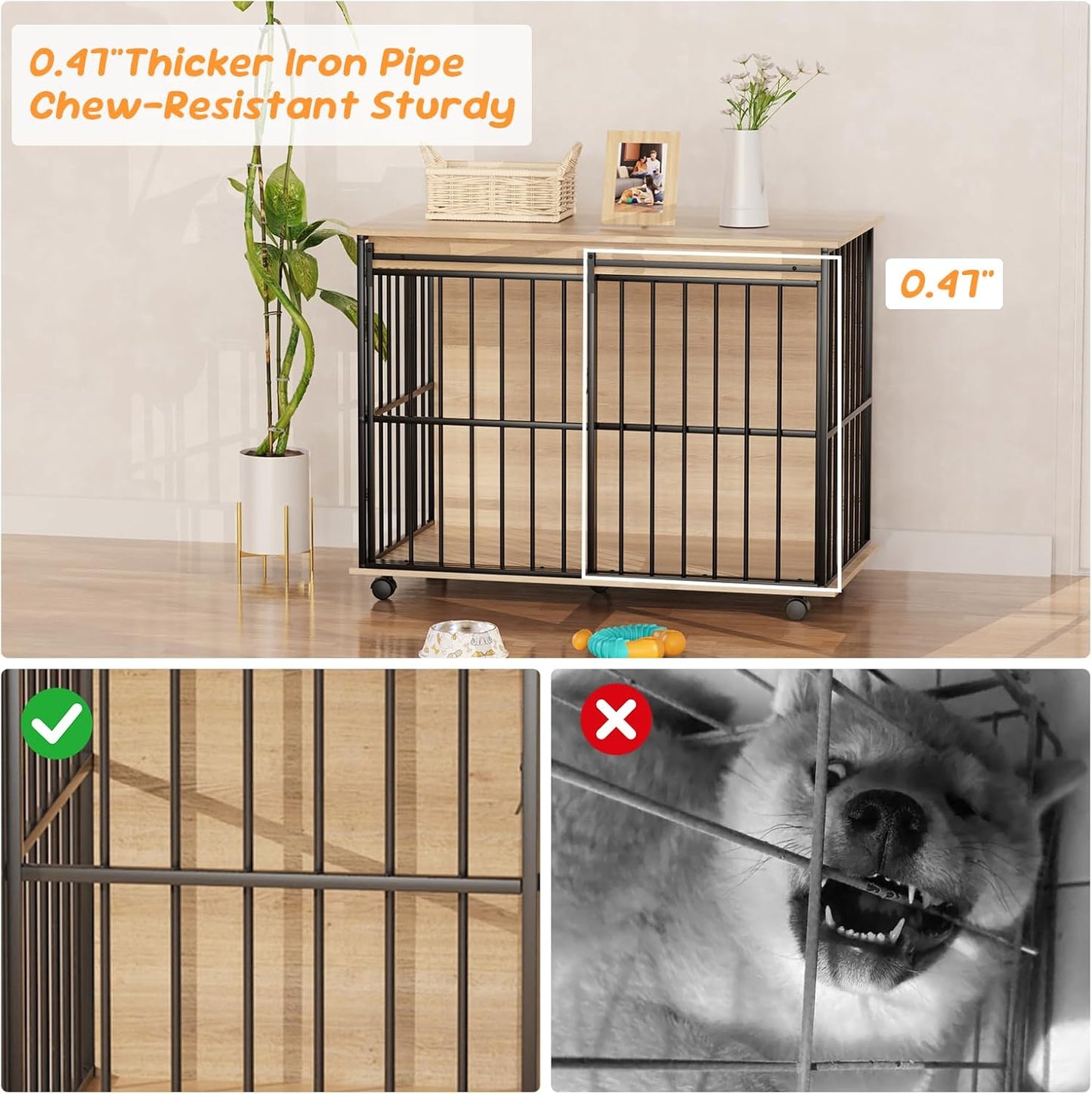 43.7" Dog Crate Furniture, XL Dog Crate Dog Kennel Indoor with Wheels for Large Medium Small Dogs, Wooden Dog Kennel End Table with Sliding Door Wooden Furniture Crates for Living Room, Bedroom