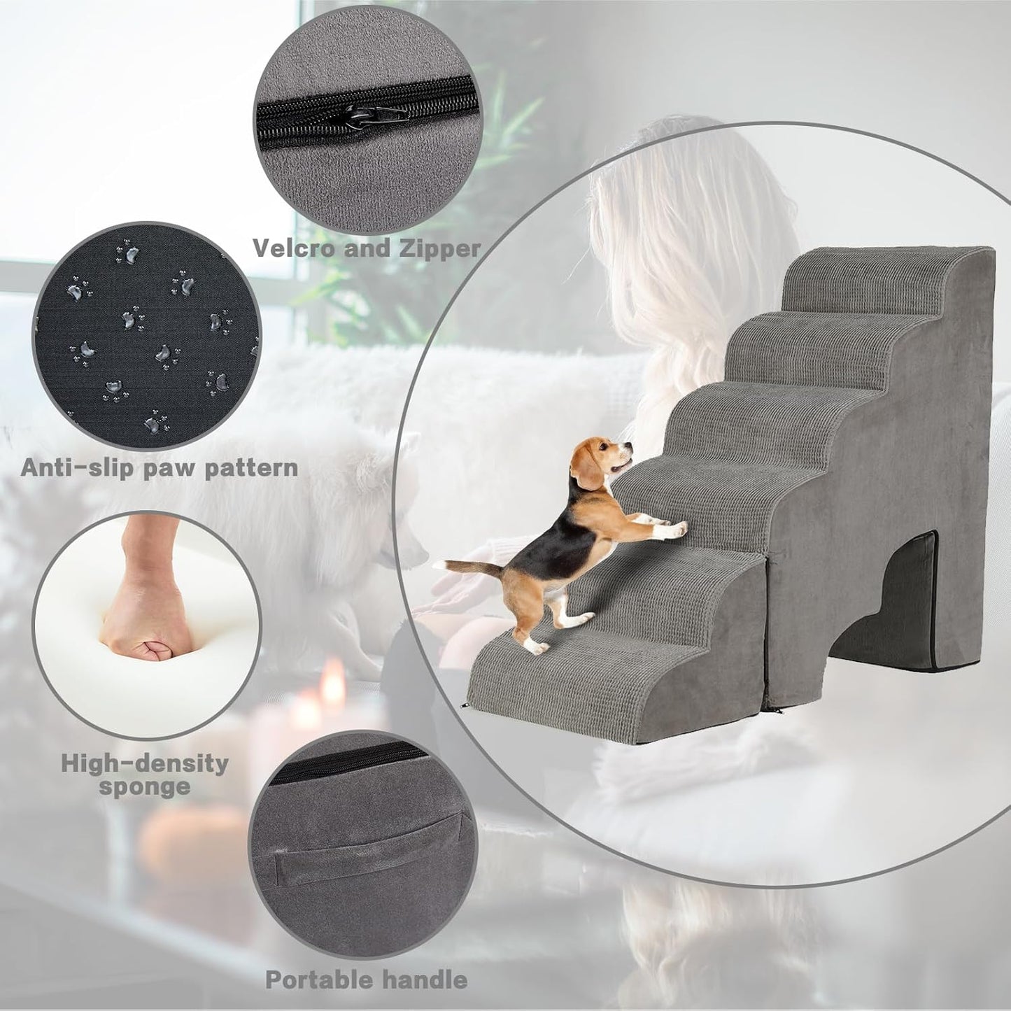 Dog Stairs for High Beds 25-30 inches Tall, 6-Step Dog Steps for High Bed for Doggies/Kitties, 30D Foam Pet Stairs Steps for Small Dogs, Dog Ramp/Ladder for Old Dogs/Cats, Grey