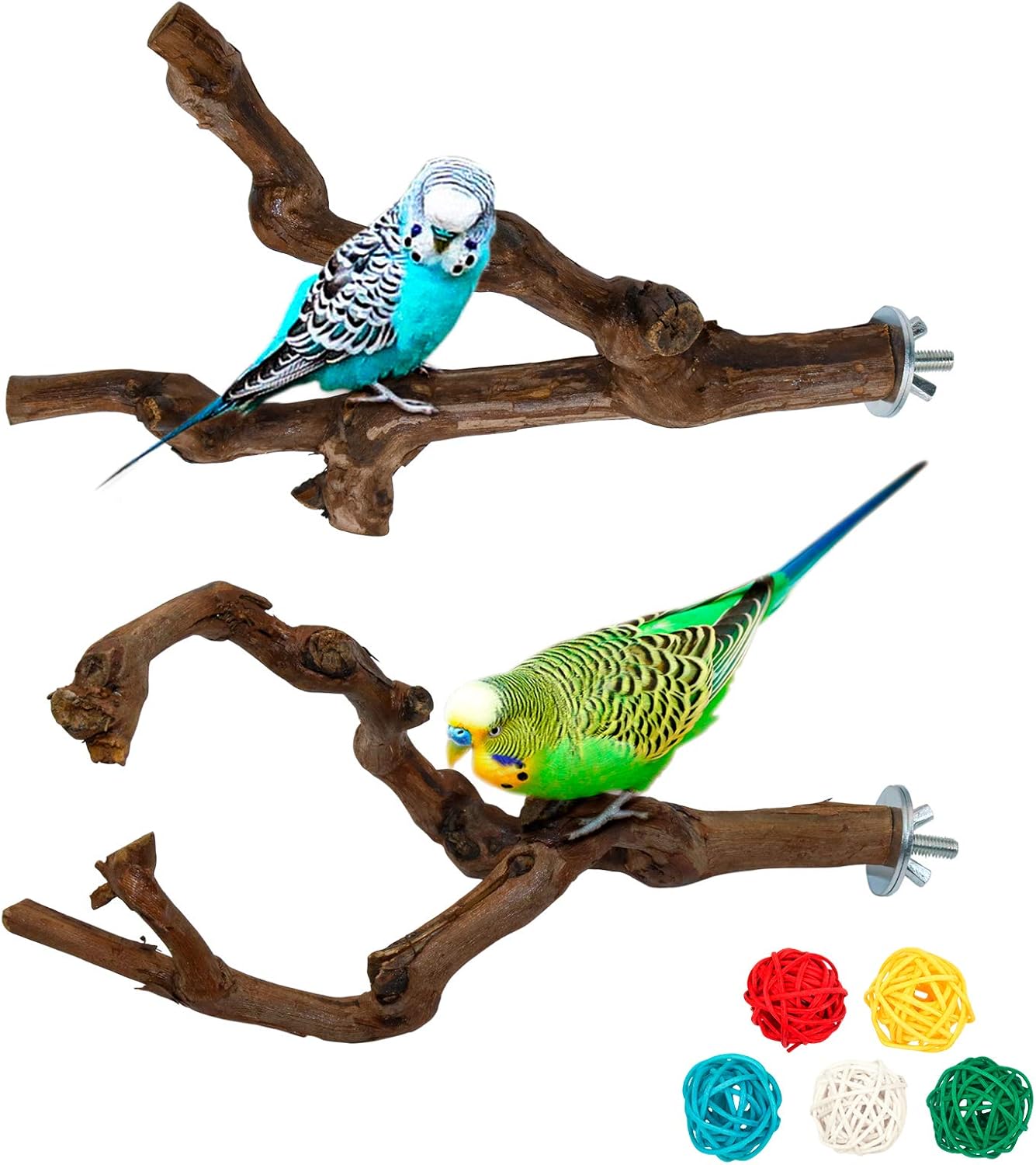 2 Packs Parrot Bird Perches,Natural Wild Grape Stick Grinding Paw Climbing Standing Cage Accessories Toy for 3-4 Parakeets, Budgies, Lovebirds,Cockatiels (Style-1)