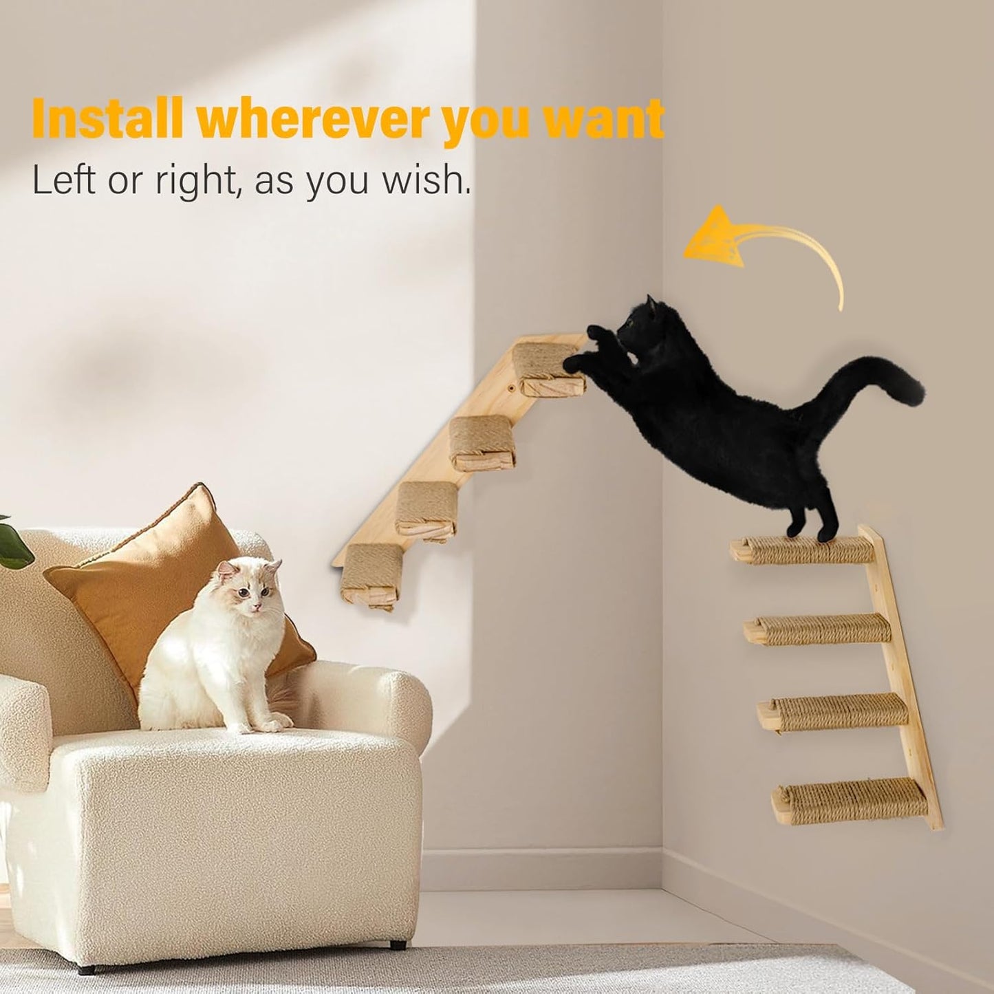 2 Pack 4 Steps Cat Wall Shelves Cat Stairs for Wall with Sisal Rope.Cat Wall Steps/Ladder Furniture & cat Tree Supplies(Catstairs 2Pack-4Steps)