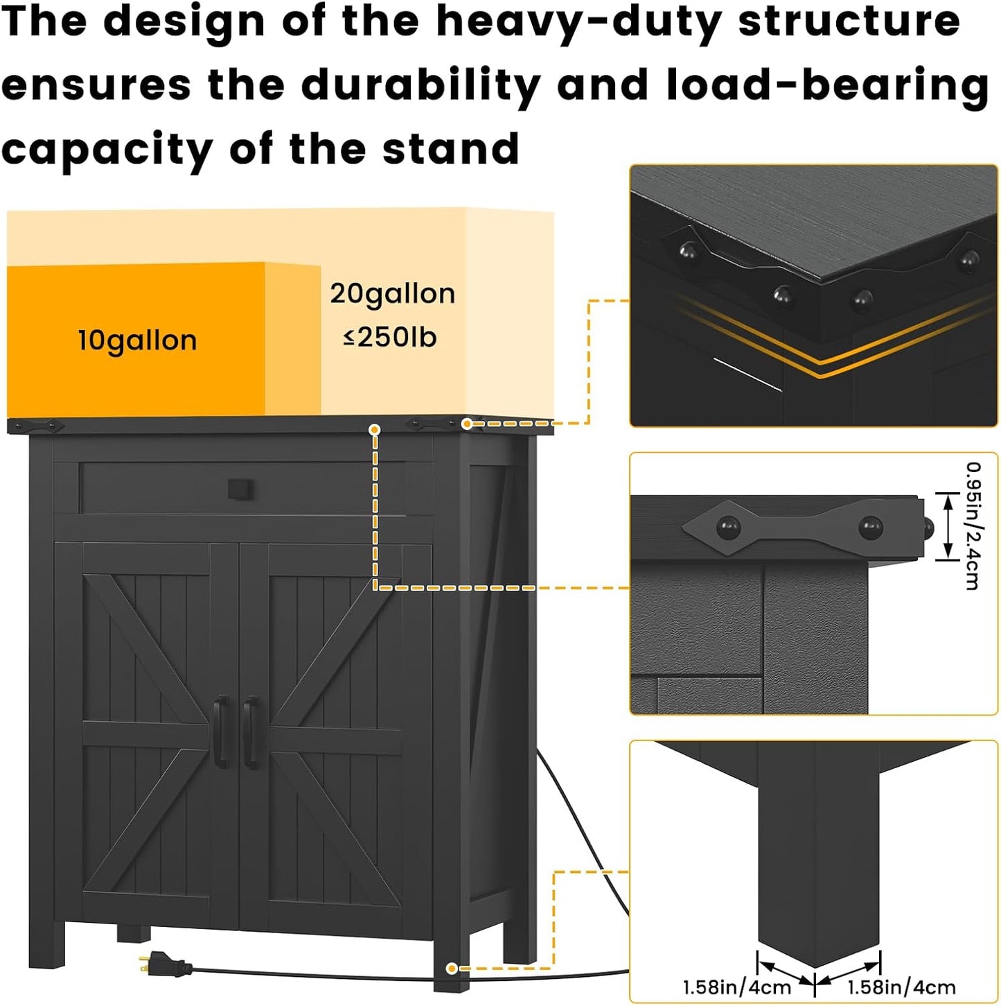 20 Gallon Aquarium Stand With Charging Station, Farmhouse Fish Tank Stand, Reptile Tank Stand Terrarium Stand with Drawer and Cabinet Storage, Sturdy Heavy Duty 27.6"×15.7" Tabletop - Black