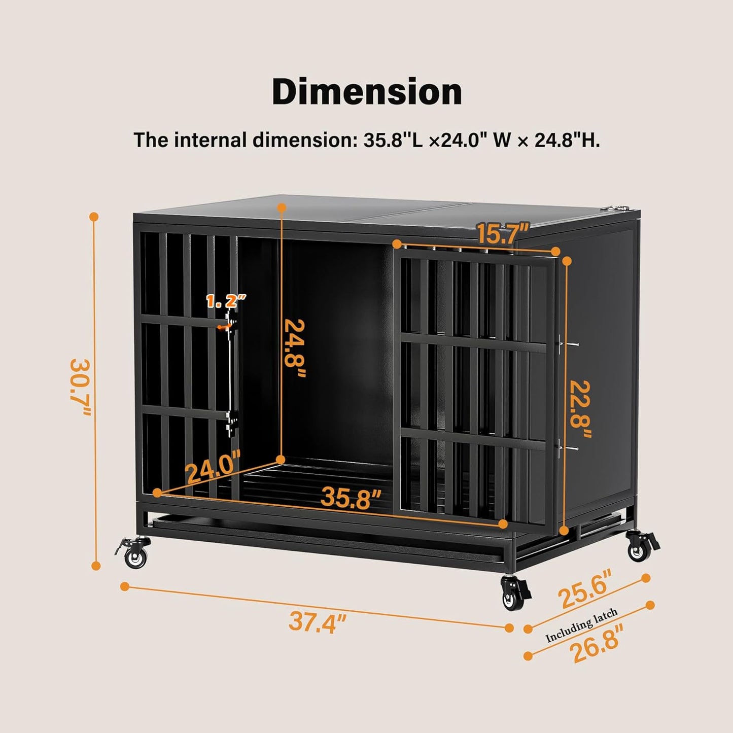38 inch Heavy Duty Dog Crate with Self-Locking Latch, Indestructible Steel Large Kennel with Enclosed Design, Chew-Proof and Escape-Proof Pet Cage for High Anxiety Dogs