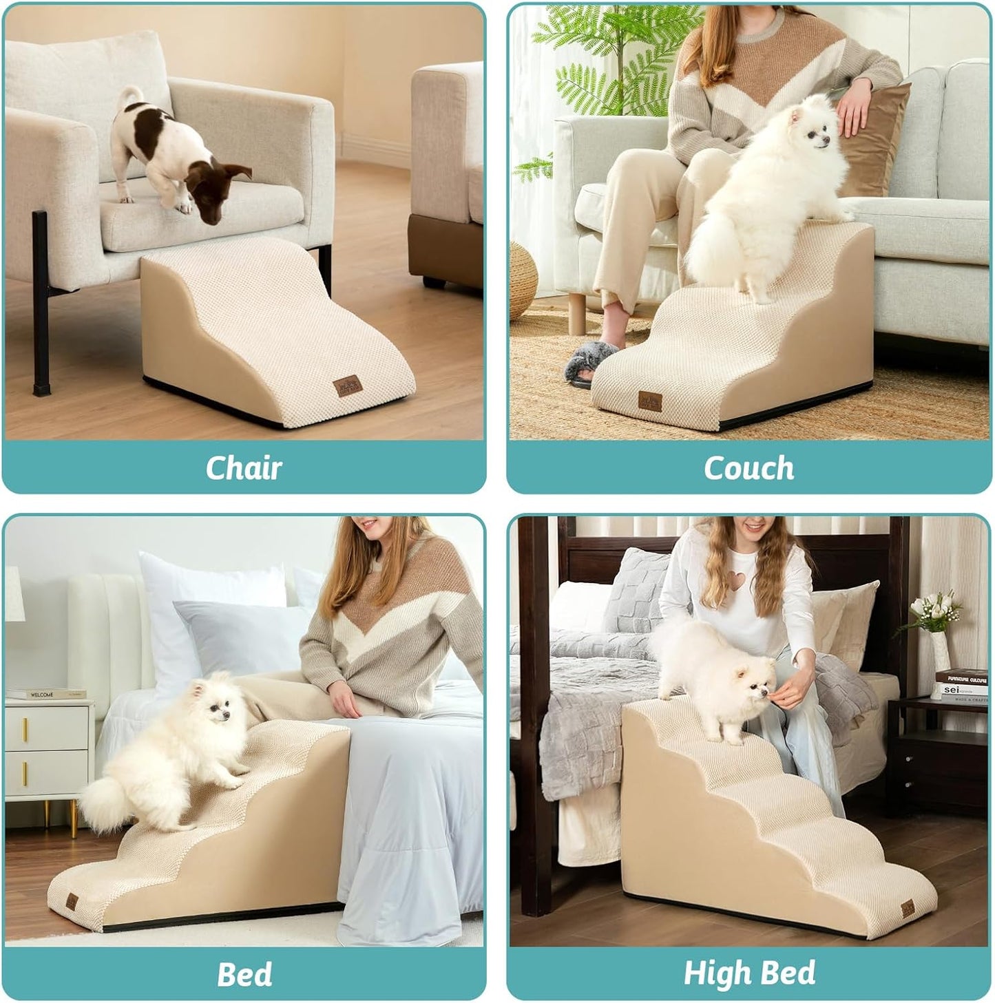 Dog Stairs for Small Dogs 19.7" H, Curved Dog Step for Puppy, Older or Cat, Medium Pet Ramp for Sofa, Couch or Bed, Ladder with High Density Foam, 15.7x28.3x19.7 inch, 4 Step, Beige