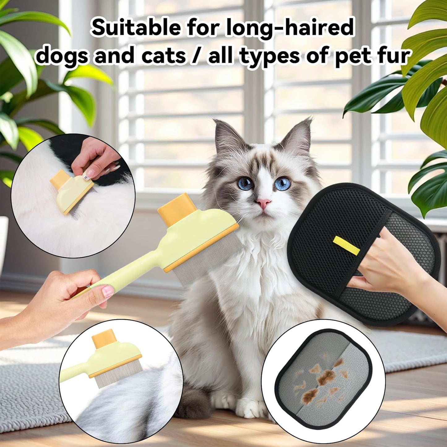 2 Pet Hair Removal Gloves, 2 Flea Combs for Cats and Dog,Reusable Electrostatic Gloves and Long & Short Flea Combs, 4 PCS pet hair removal tools