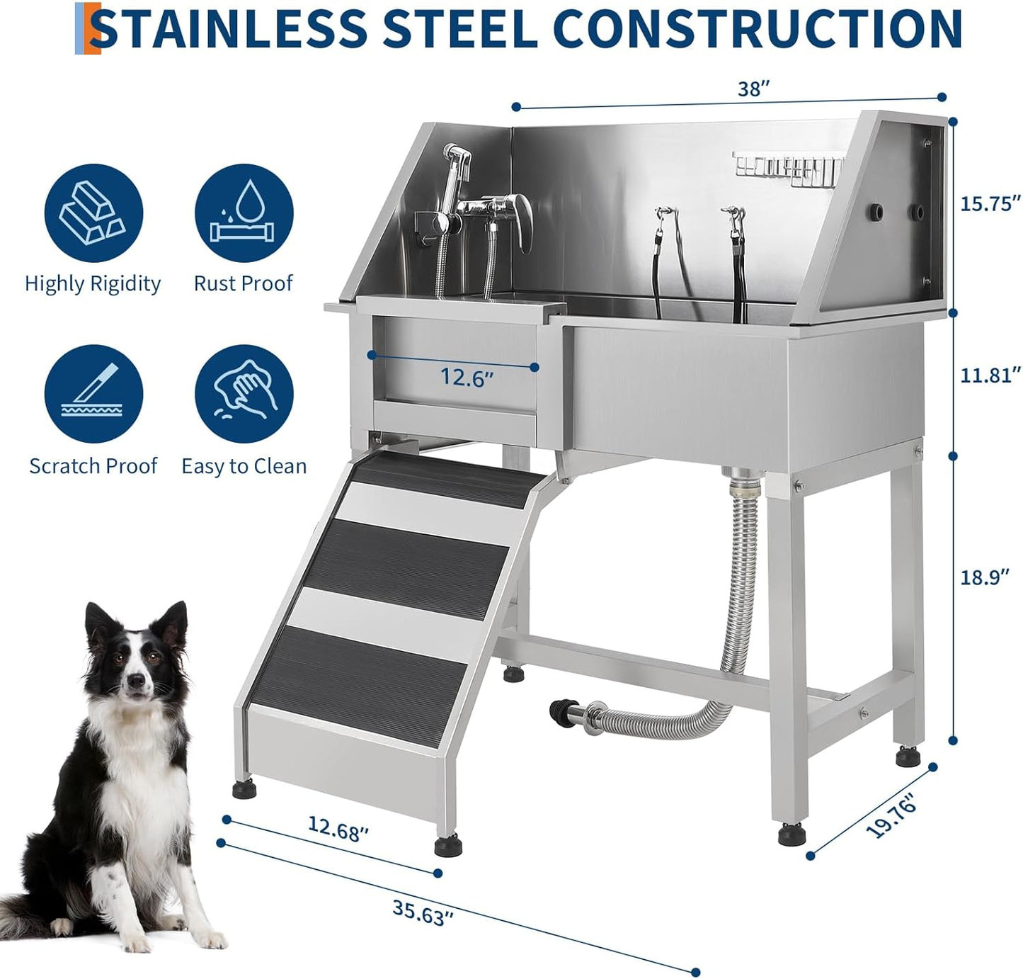 JoyJoy Stainless Steel Dog Washing Station - Dog Bath Tub for Large, Medium, Small Dogs, Pet Grooming Tub with Ramp, Non-Slip Grate, Shower, Soap Box, Faucet, Drain for Home & Outdoor(38")