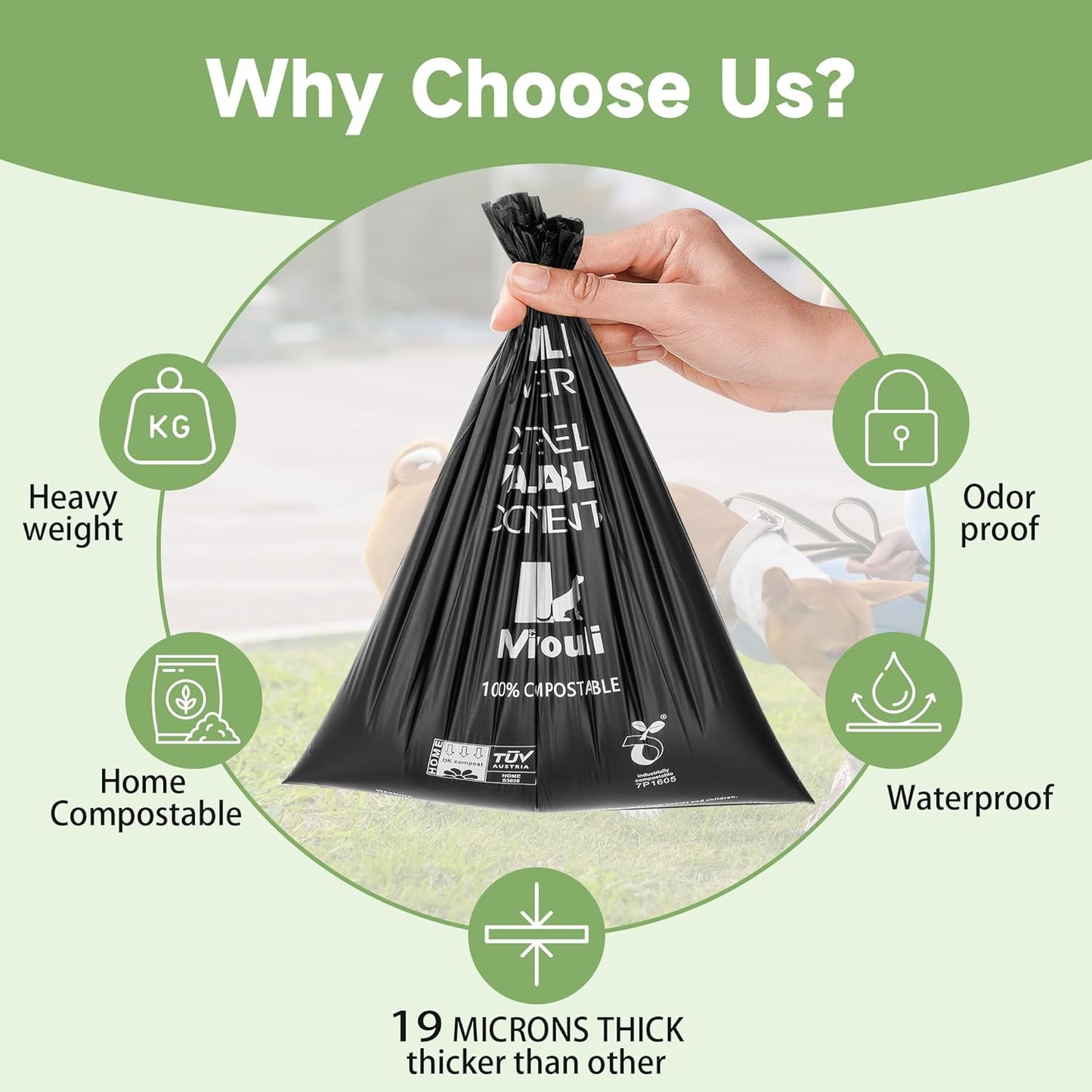 100% Certified Compostable Dog Poop Bag Rolls, 120 Bags (8 Rolls) Eco-Friendly Poop Bags for Dogs, Leak Proof Unscented Easy Open Poop Waste Bag(Black)