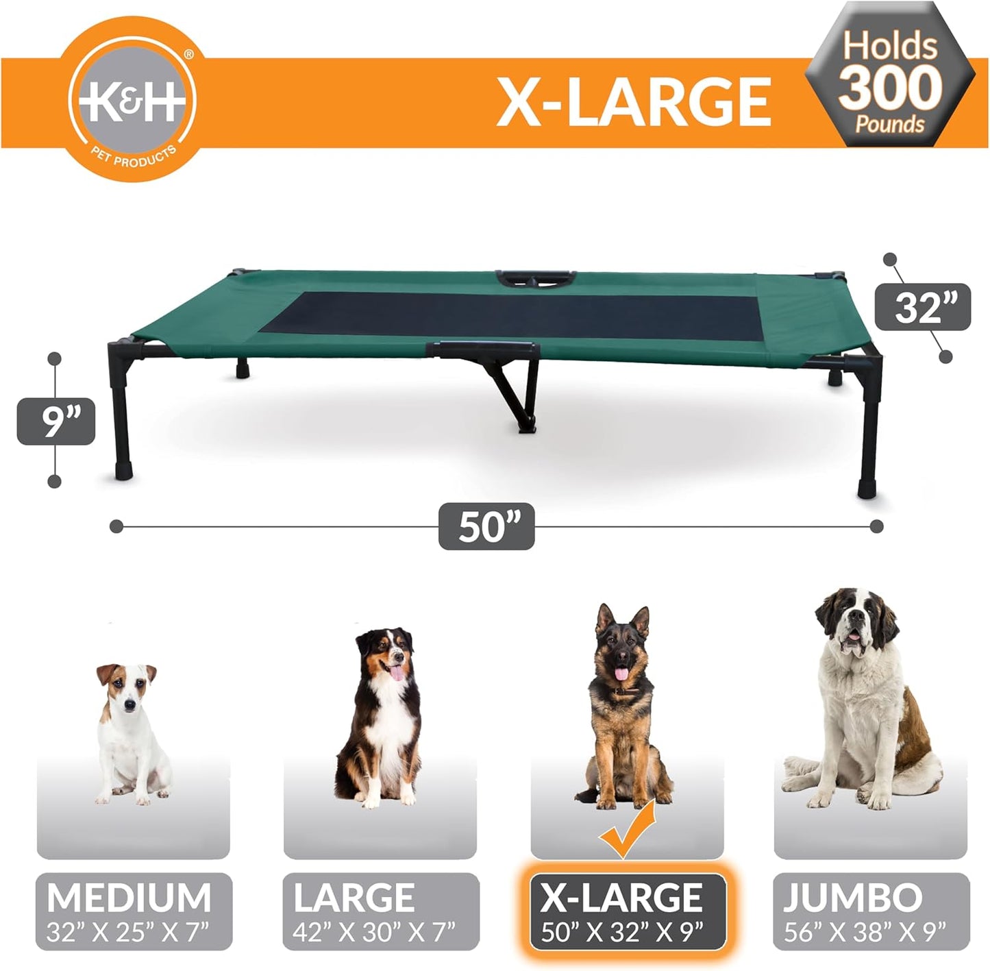 K&H Pet Products Outdoor Elevated Dog Cot, Breathable Cooling Elevated Cot Hammock Pet Bed for XL Dogs, Washable Mesh Cover, Raised Metal Frame, Collapsible, Portable - Extra-Large 50 X 32in Green