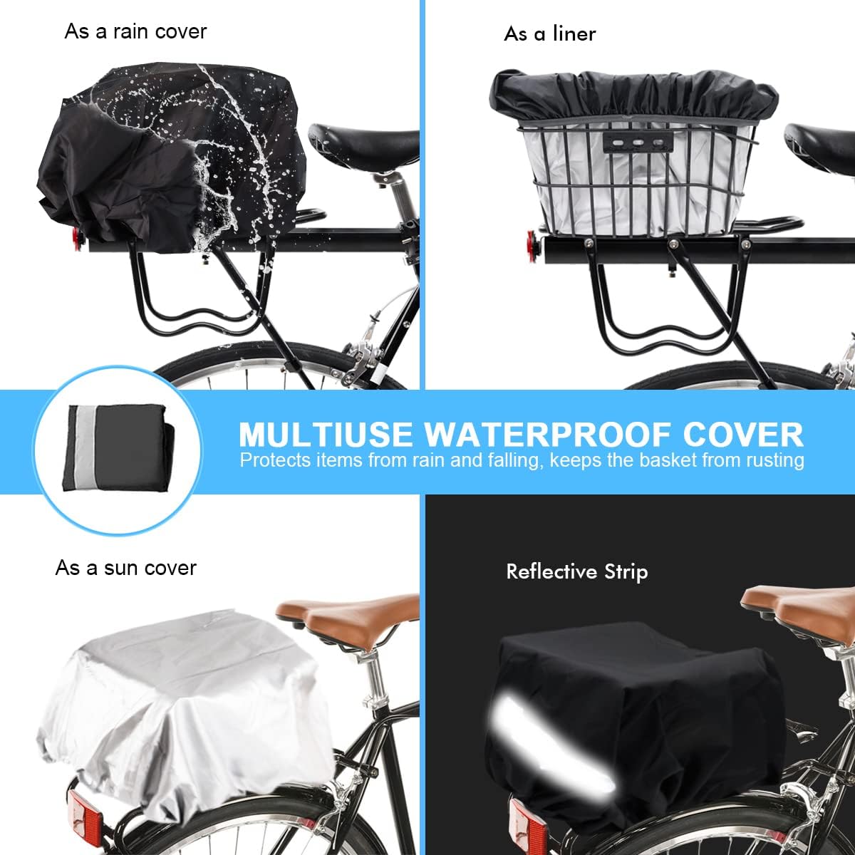 Rear Bike Basket, Tool-Free Install, Dog/Pet Carrier, Ebike Electric Bicycle Back Cargo Basket, Fits Most Rear Racks, with Waterproof Cover, Cargo Net