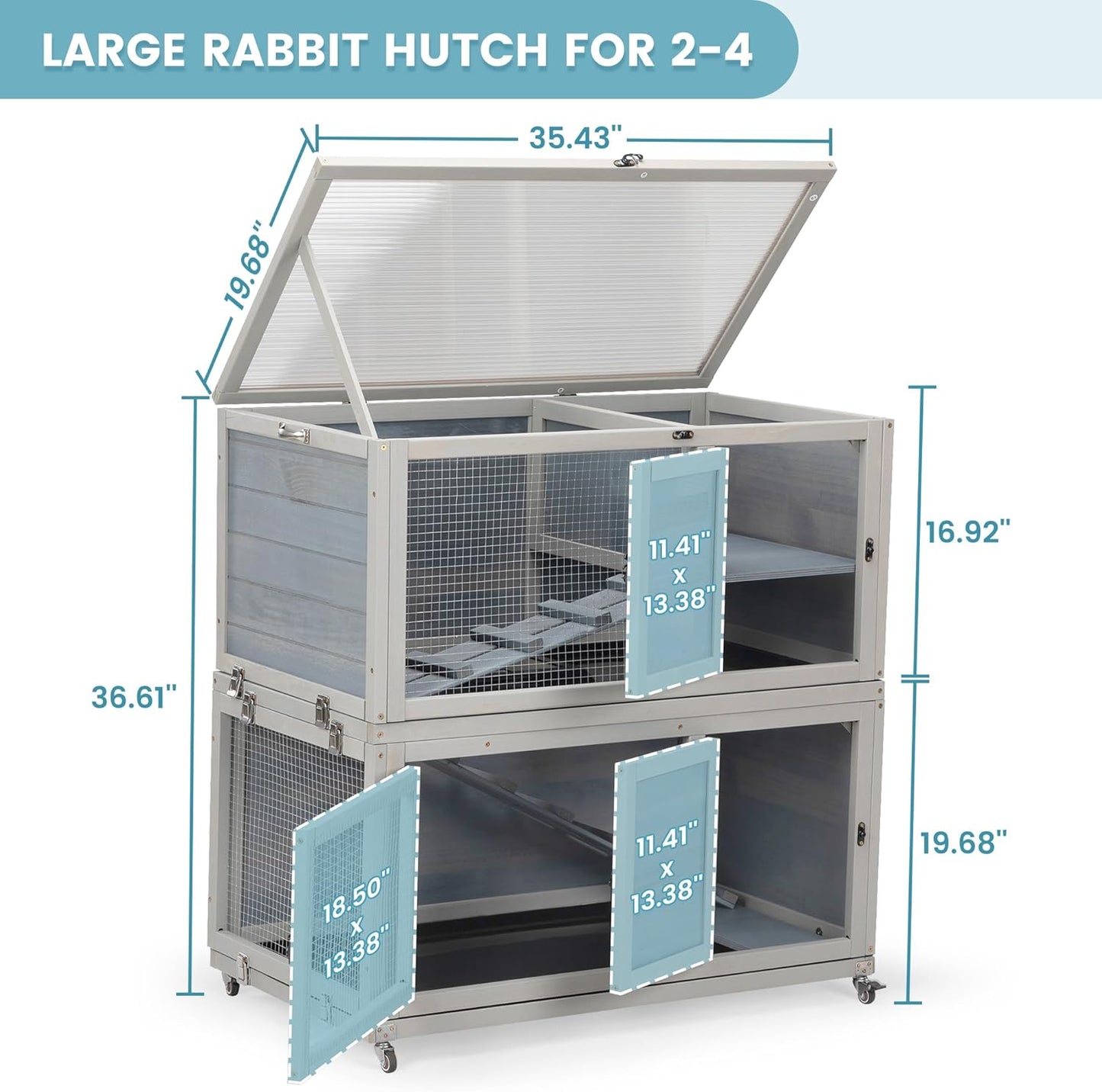 2-Story Wooden Rabbit Hutch for Outdoor & Indoor, Bunny Cage Rabbit House with Wheels, Trays, Ramp, Pet Home for Guinea Pigs, Chickens, Chicken Coop, Gray with Colorful Patterns