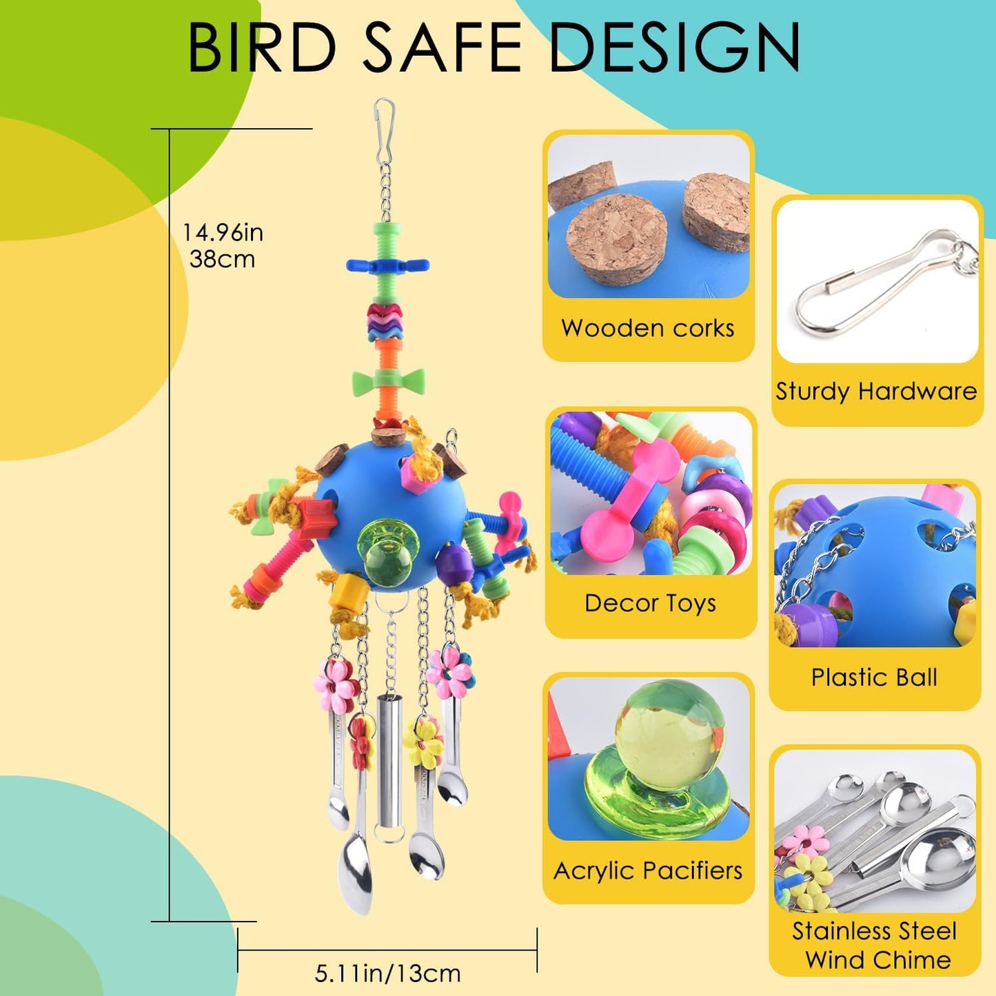 KATUMO Bird Toys, Parrot Pull Spoons Colorful Acrylic Stick Toys Bird Chew Toys for Amazon Parrot, African Grey, Conure, Caique, Quaker, Small Cockatoo, Mini Macaw, Eclectus and Similar Birds