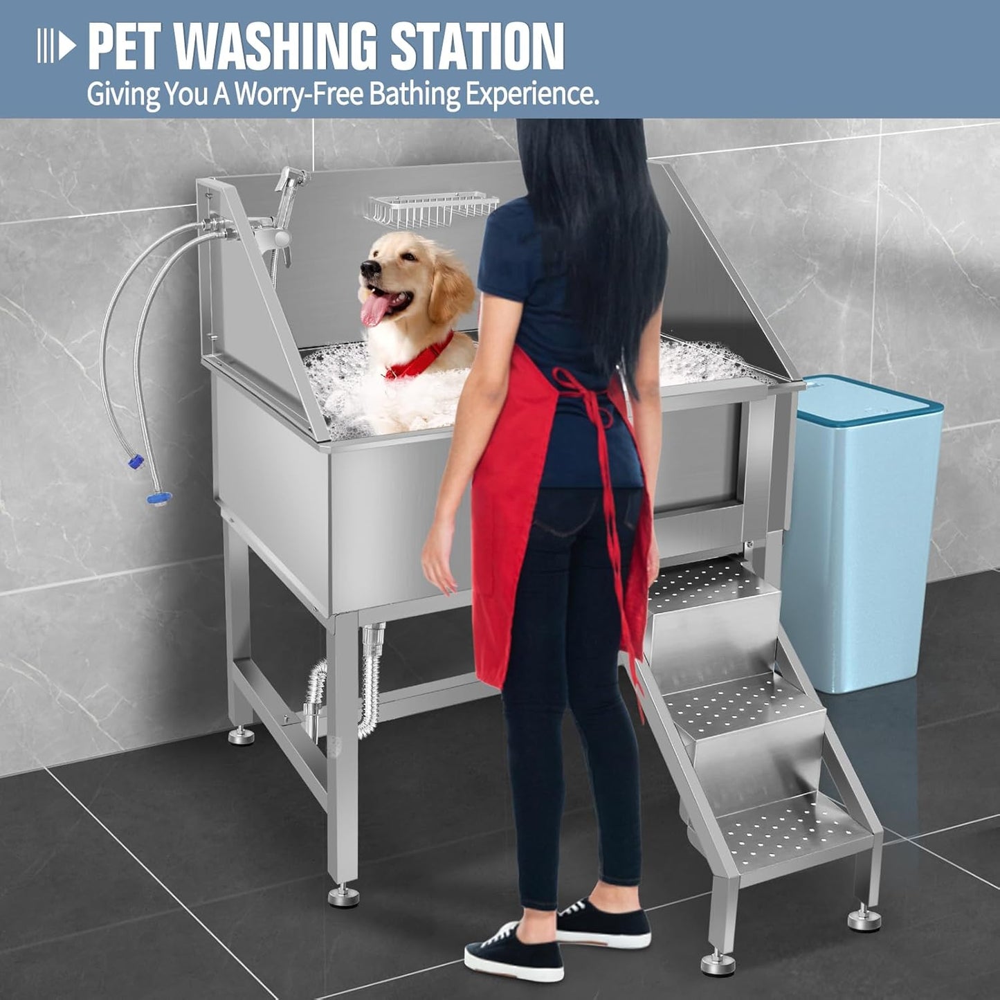 38" Pet Dog Bathing Station W/Stairs, Professional Stainless Steel Dog Grooming Tub W/Soap Box, Faucet,Rich Accessory, Dog Bathtub for Large,Medium,Small Pets, Washing Sink for Home,R-RAMP
