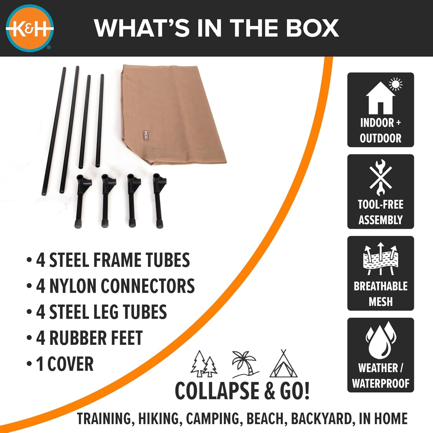 K&H Pet Products Cooling Elevated Dog Bed, Outdoor Raised Cot with Waterproof Breathable Mesh for Medium Dogs, Portable Place Bed with Heavy-Duty Metal Frame & Hammock Style Cover - Medium Tan