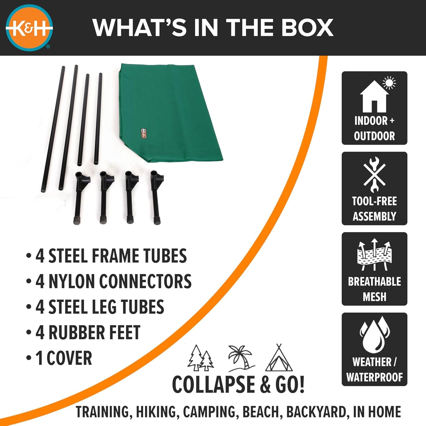 K&H Pet Products Outdoor Elevated Dog Cot, Cooling Raised Bed with Waterproof Breathable Mesh for Medium Dogs, Portable Place Bed with Heavy-Duty Metal Frame & Hammock Style Cover - Medium Green