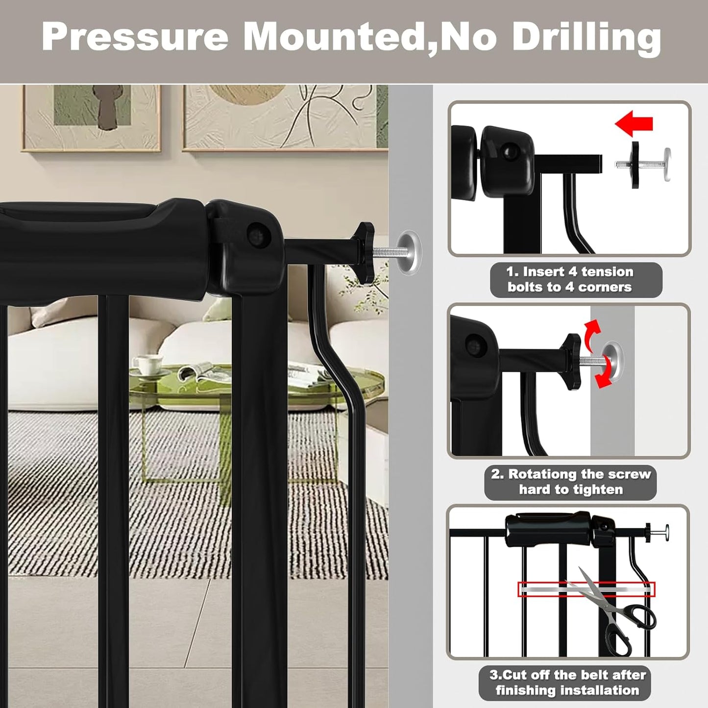 Fairy Baby Walk Through Baby Gate 38.5-43.5 Inch Wide, Pressure Mounted Safety Gate with Door No Drill, Black Tension Metal Gate for Dog and Toddler