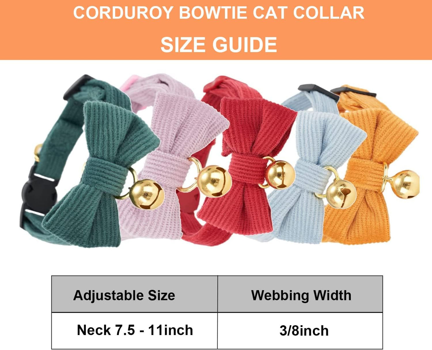 2 Pack Soft Corduroy Cat Collars with Bow Tie & Bell, Adjustable Breakaway Cotton Kitty Bowtie Collar for Girl Boy Kitten (Pink & Blue)