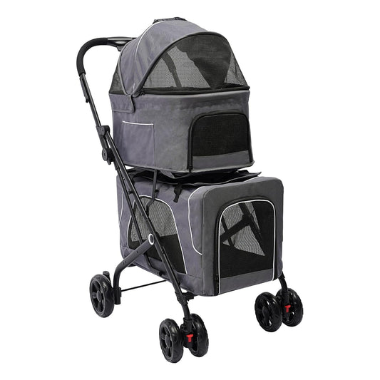 2 Tiers Pet Stroller,4 Wheel Dog Stroller Cat Strollers,3.07lbs Pet Gear Foldable Jogger Travel Cart,Grey Cat Carrying Cart with Storage Basket for Small Medium Pet (Grey)