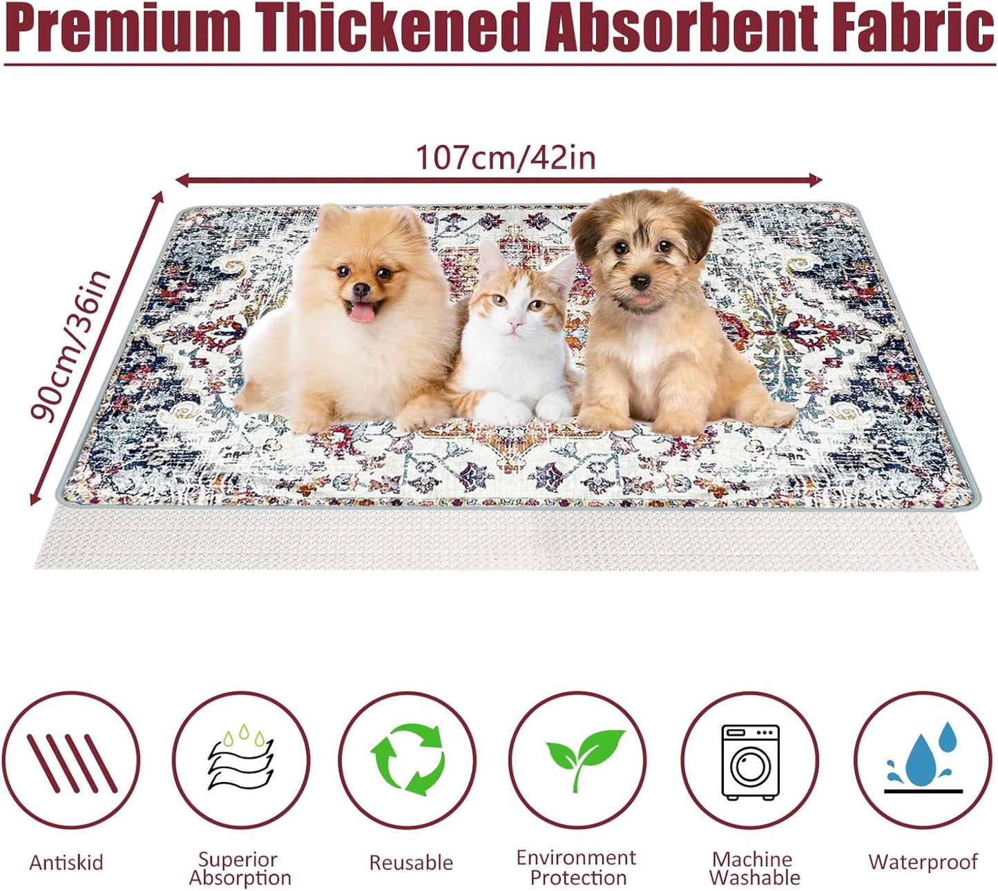Washable Pee Pads for Dogs, (2 Pack, 36"x42") Upgrade Reusable Puppy Pads with Non-Slip Rug Pad, Super Thickening Absorbent Leakproof Dog Traning Pads Whelping Pad for Dogs, Doggie(Red-1)