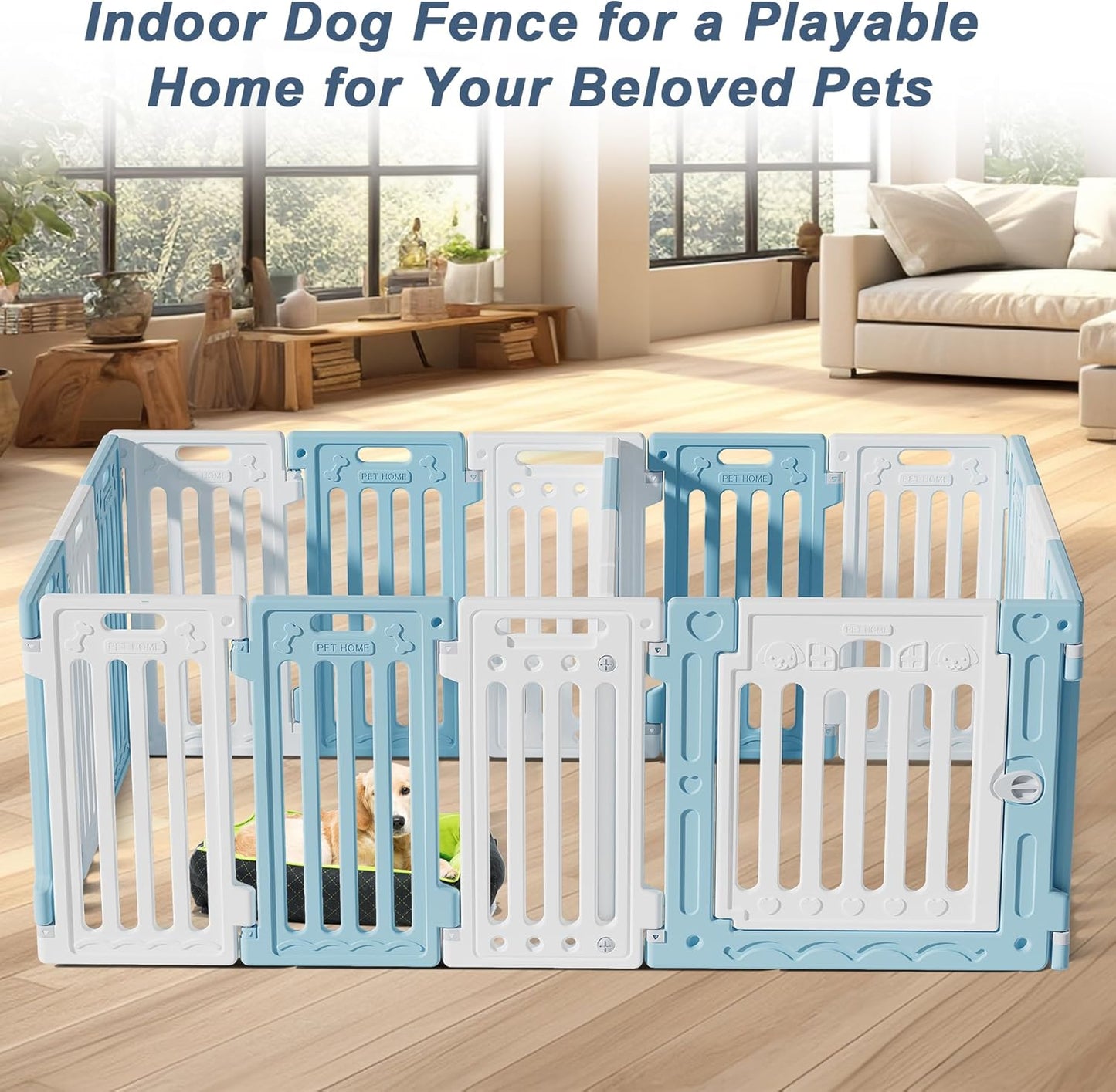 2 Room Dog Playpen with Door,DIY Shape Combination Puppy Pen,16-Panel+2 Link Piece+Large Door+Small Door,25.5" H Dog Fence,Non-Slip&Secure Pet Gate,Easy to Assemble,Blue+White