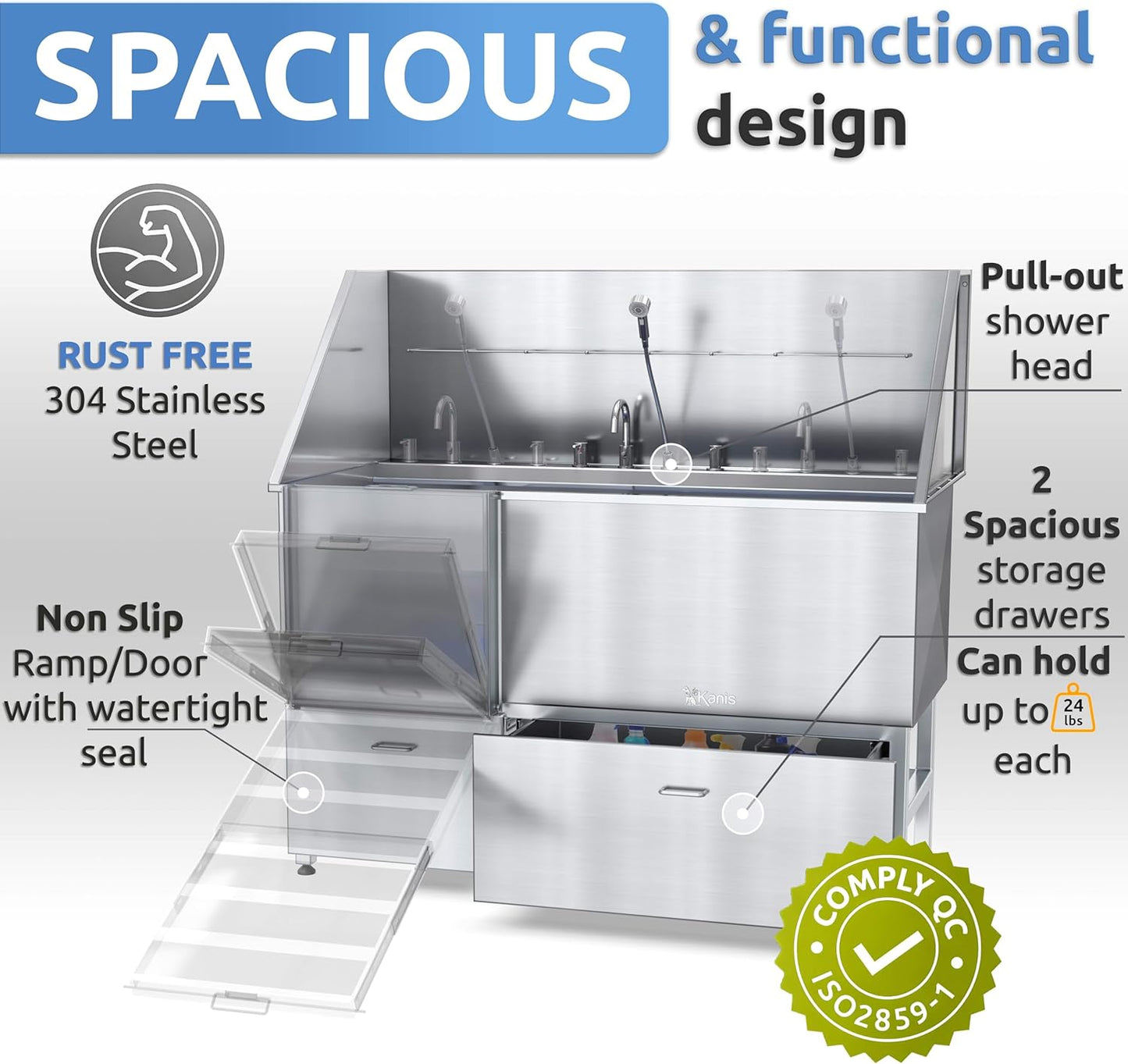 KANIS Professional Dog Washing Station - 304 Stainless Steel Pet Wash Sink & Grooming Bath Tub for Home with Ramp, Shower, Floor Grate, Storage Drawers, and Faucet for Large, Medium & Small Pets