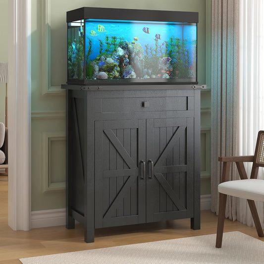 20 Gallon Aquarium Stand With Charging Station, Farmhouse Fish Tank Stand, Reptile Tank Stand Terrarium Stand with Drawer and Cabinet Storage, Sturdy Heavy Duty 27.6"ร15.7" Tabletop - Black