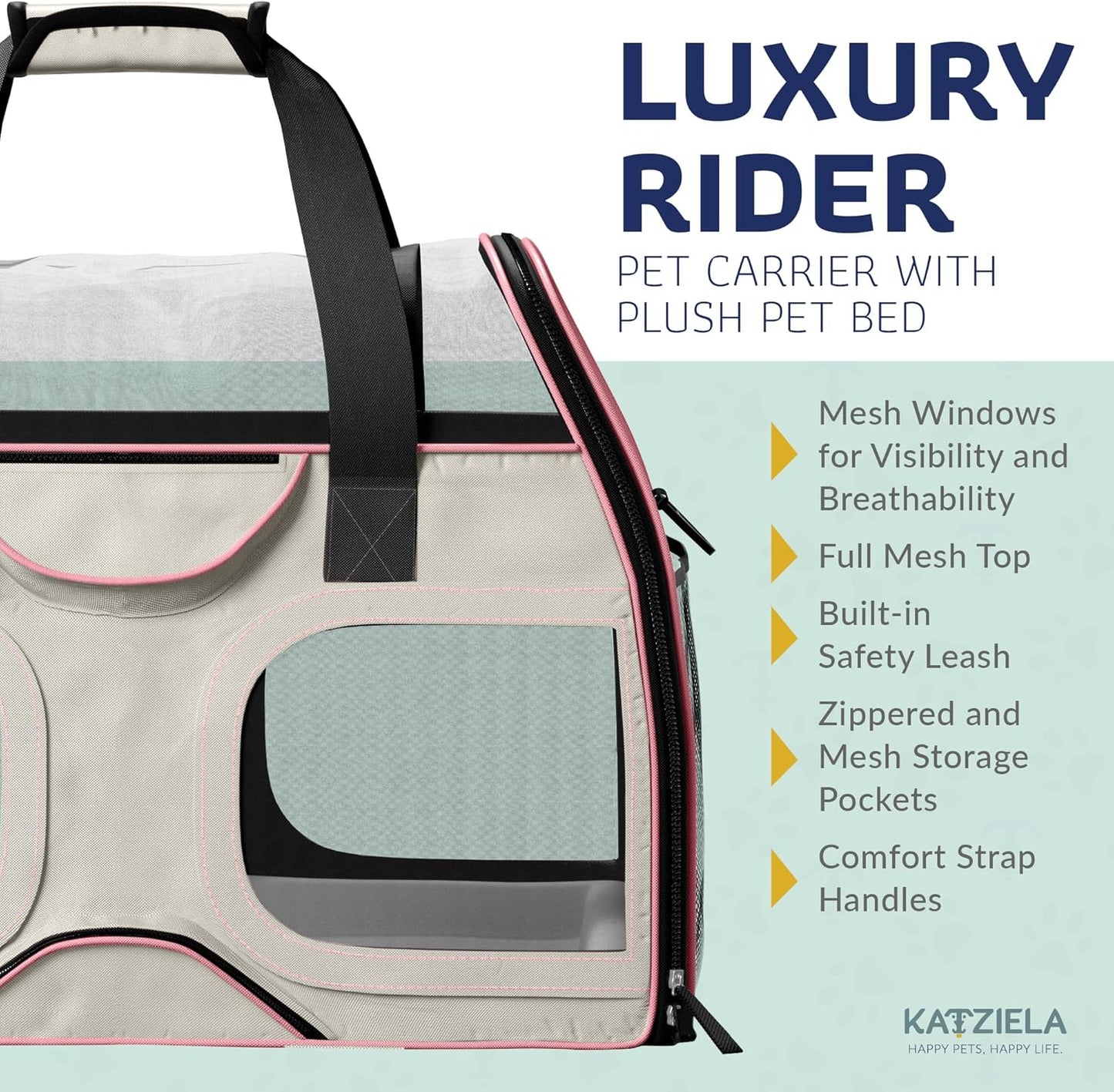 Katziela Pet Carrier - Airline Compliant Dog Carrier - TSA Approved Pet Carrier for Small Dogs and Cats - Soft FAA Travel Airplane Dog Carrier Luggage (Gray/Pink-6 Wheels)