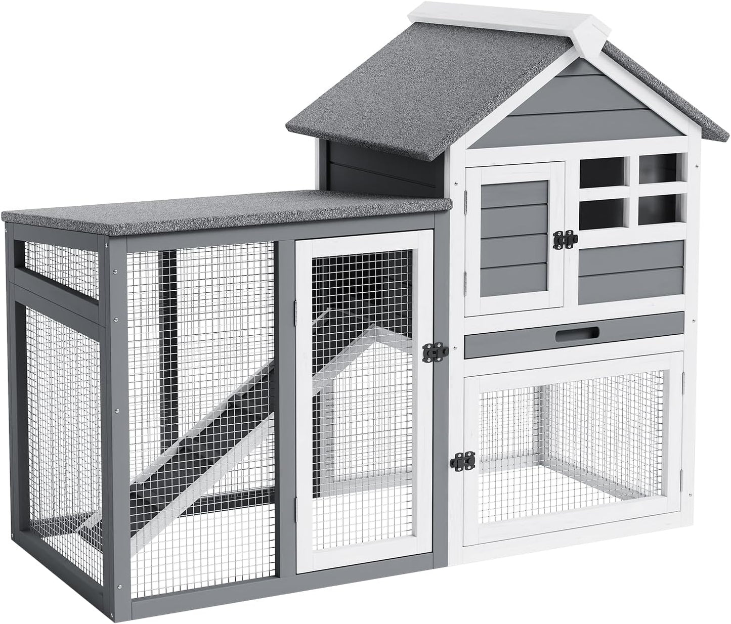 2-Tier Rabbit & Chicken House,Wooden Chicken Coop & Bunny Cage with Non-Slip Ramp, 4 Doors,Waterproof Roof & Pull-Out Tray,Outdoor/Indoor Pet Cage