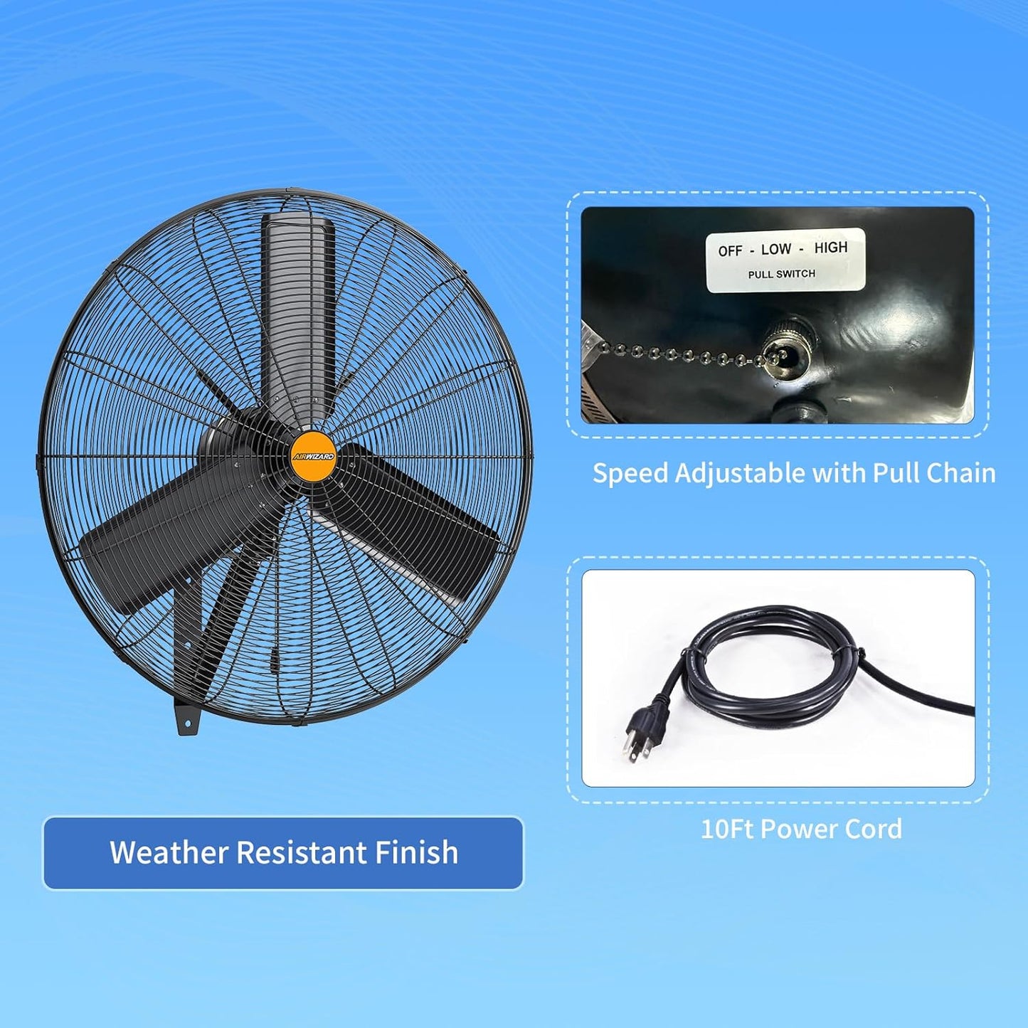 24 inch Outdoor Oscillating Wall Mounted Fan, High Velocity IPX4 Waterproof 7600 CFM Industrial Metal Wall Fan, 2 Speed, Adjustable Tilt, for Greenhouse, Patio, Garage, Workshop