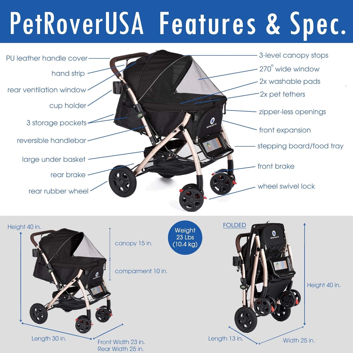 HPZ-PR America HPZ Pet Rover Premium Heavy Duty DogCat Stroller Travel Carriage CompartmentZipperless EntryPump-Free Rubber Tires Small, Medium, Large Pets (Black 2nd-Gen.), X-Large (Pack of 1)