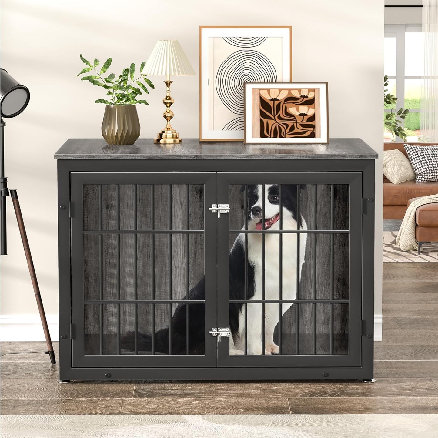 42" Heavy Duty Dog Crate Furniture for Large and Medium Dogs, Enclosed Design Wooden Metal Kennel, Pet Cage Furniture Indoor, Decorative Dog Kennel, End Table