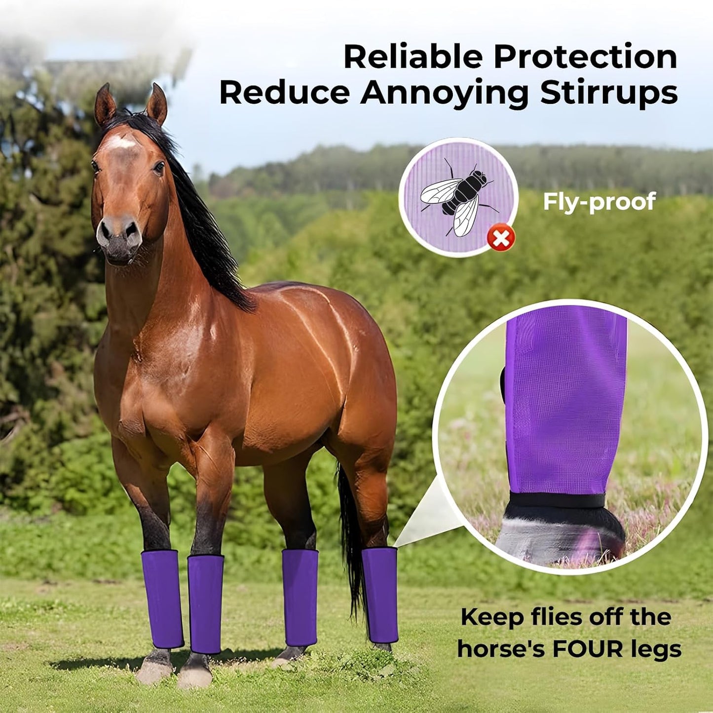 Mesh Horse Fly Boots Set of 4,Adjustable and Universal Loose Fitting & Non-Slip Horse Fly Leggings for Horses,Reduce Stressful Stomping (Purple)