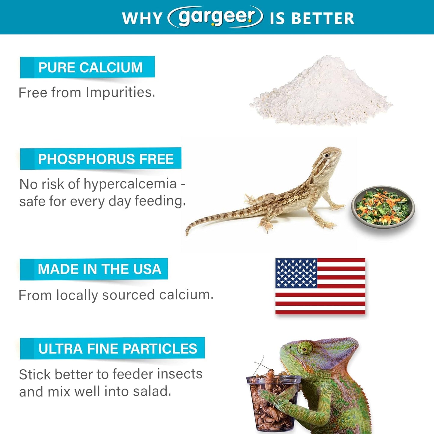 4oz All Reptile Calcium Powder with Vitamin D3, Phosphorus-Free, Ultrafine Powder, Pure Dust & Ready to Use for All Reptiles, Lizards & Amphibians Supplement. Made in The USA. Enjoy !