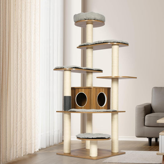 KAMABOKO Tall Wood Cat Tree, 69β Large Cat Tower Multi-Level Platforms with Sisal Scratching Posts, Cat Tree for Large Cats 20 lbs Heavy Duty, Cat Condo Furniture for Active Cats