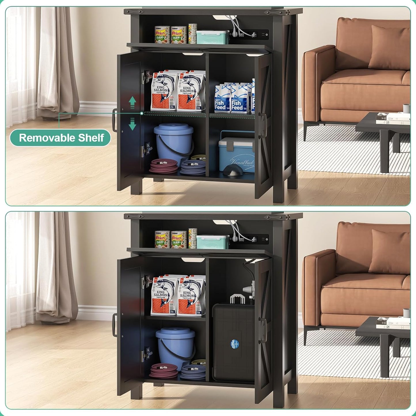 20 Gallon Aquarium Stand With Charging Station, Farmhouse Fish Tank Stand, Reptile Tank Stand Terrarium Stand with Drawer and Cabinet Storage, Sturdy Heavy Duty 27.6"×15.7" Tabletop - Black