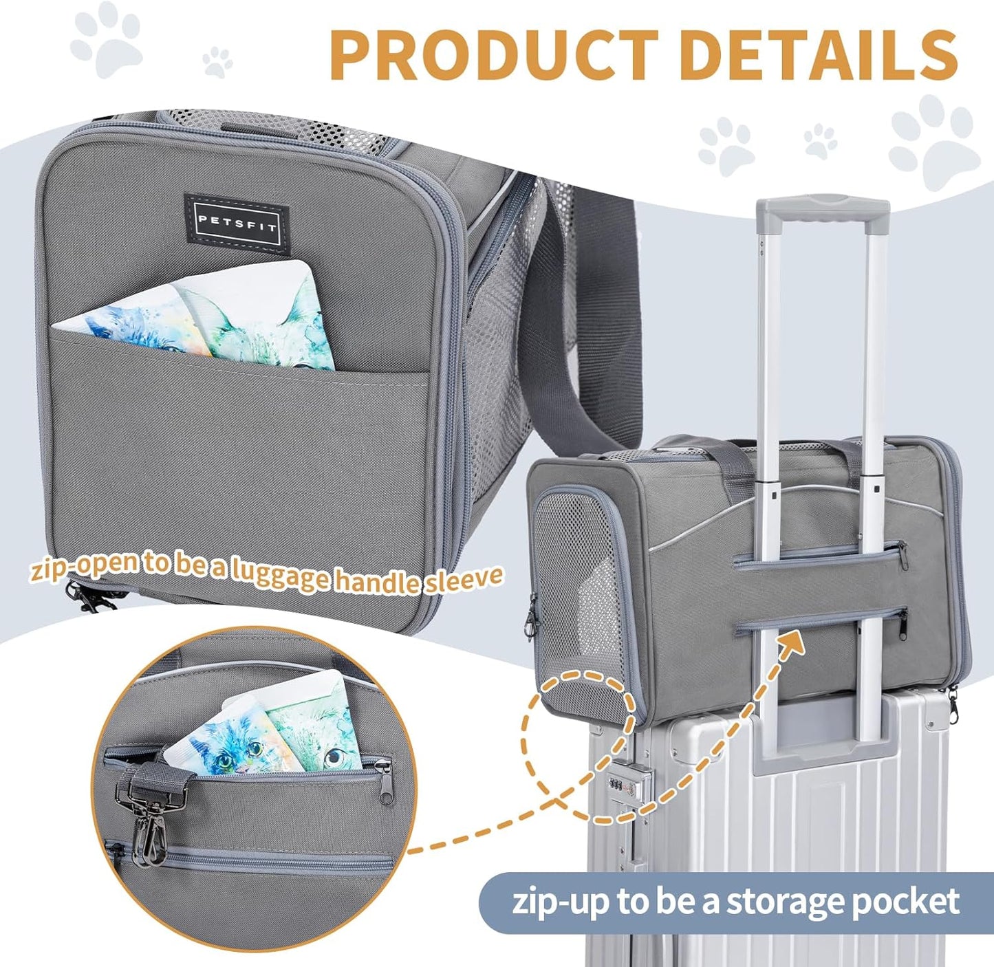 Petsfit Airline Approved Pet Carrier for Small Cats, 16.5x8.6x11 TSA Approved Carrier, with Removable Dual-Sided Padding (2-Way Placement) - Fits Under Most Airplane Seats, Escape Proof (Gray)