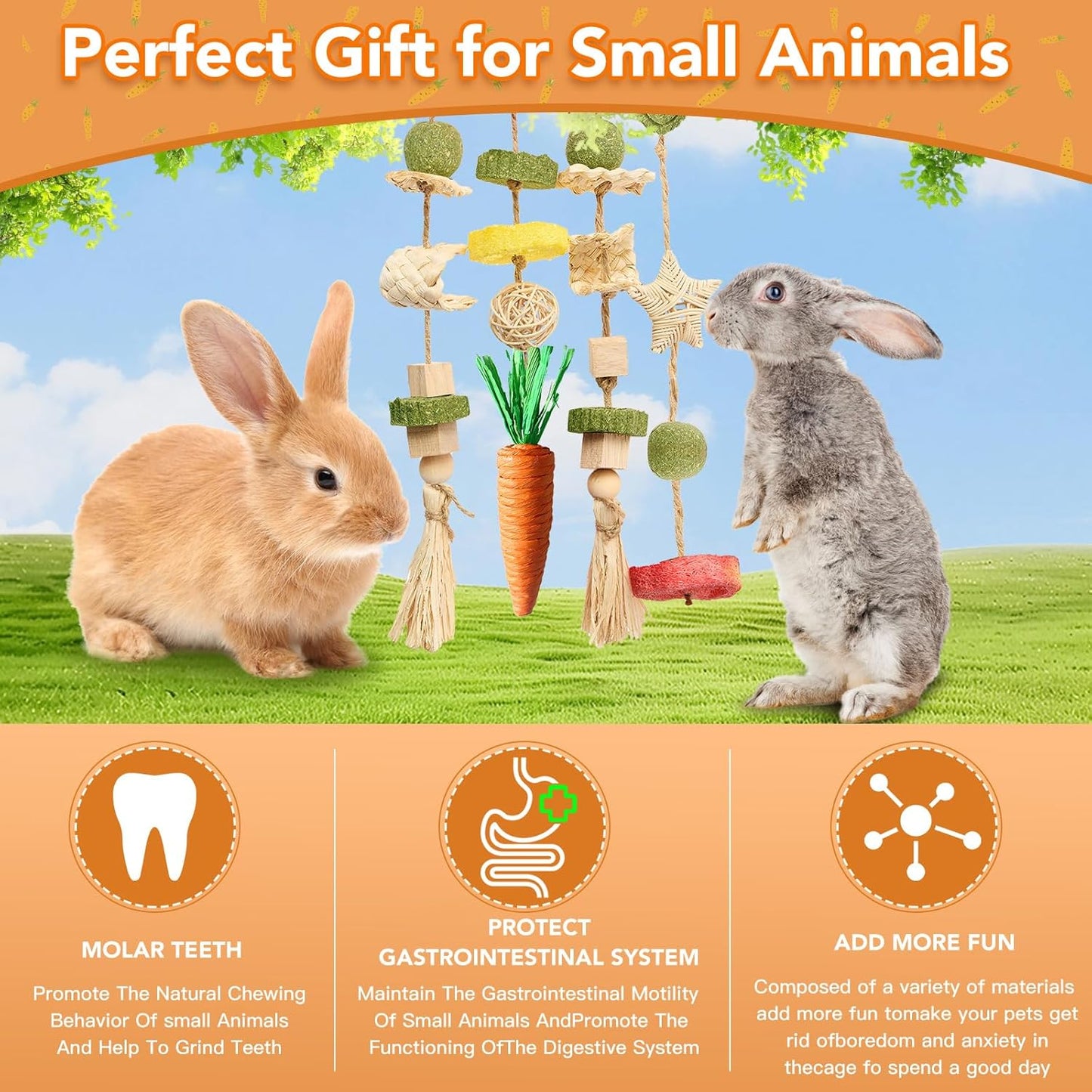 Rabbit Chew Toys Bunny Cage Hanging Toy and Treats Rattan Ring with Snacks for Rodent Pets Teeth Healthy