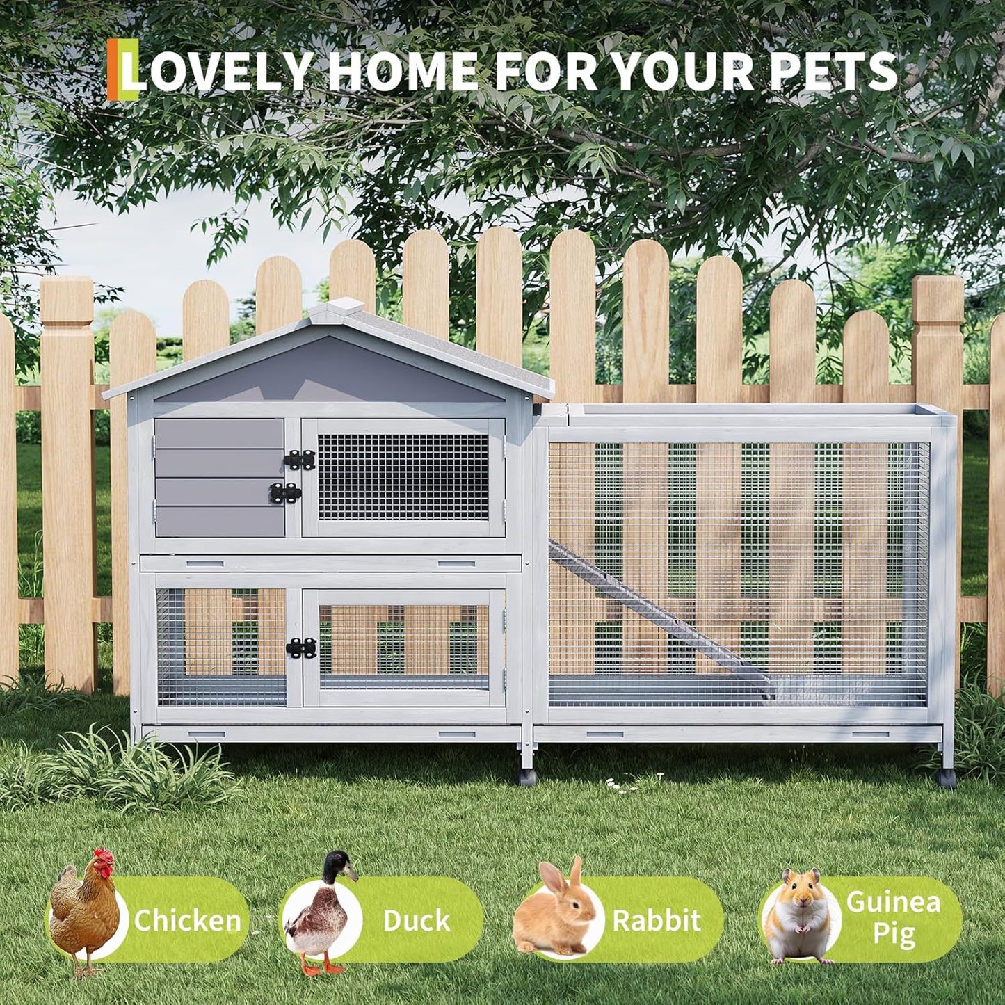2-Tier Rabbit & Chicken House Mobile,Wooden Chicken Coop & Bunny Cage with Non-Slip Ramp, 4 Doors,Waterproof Roof & Pull-Out Tray,Outdoor/Indoor Pet Cage Movable