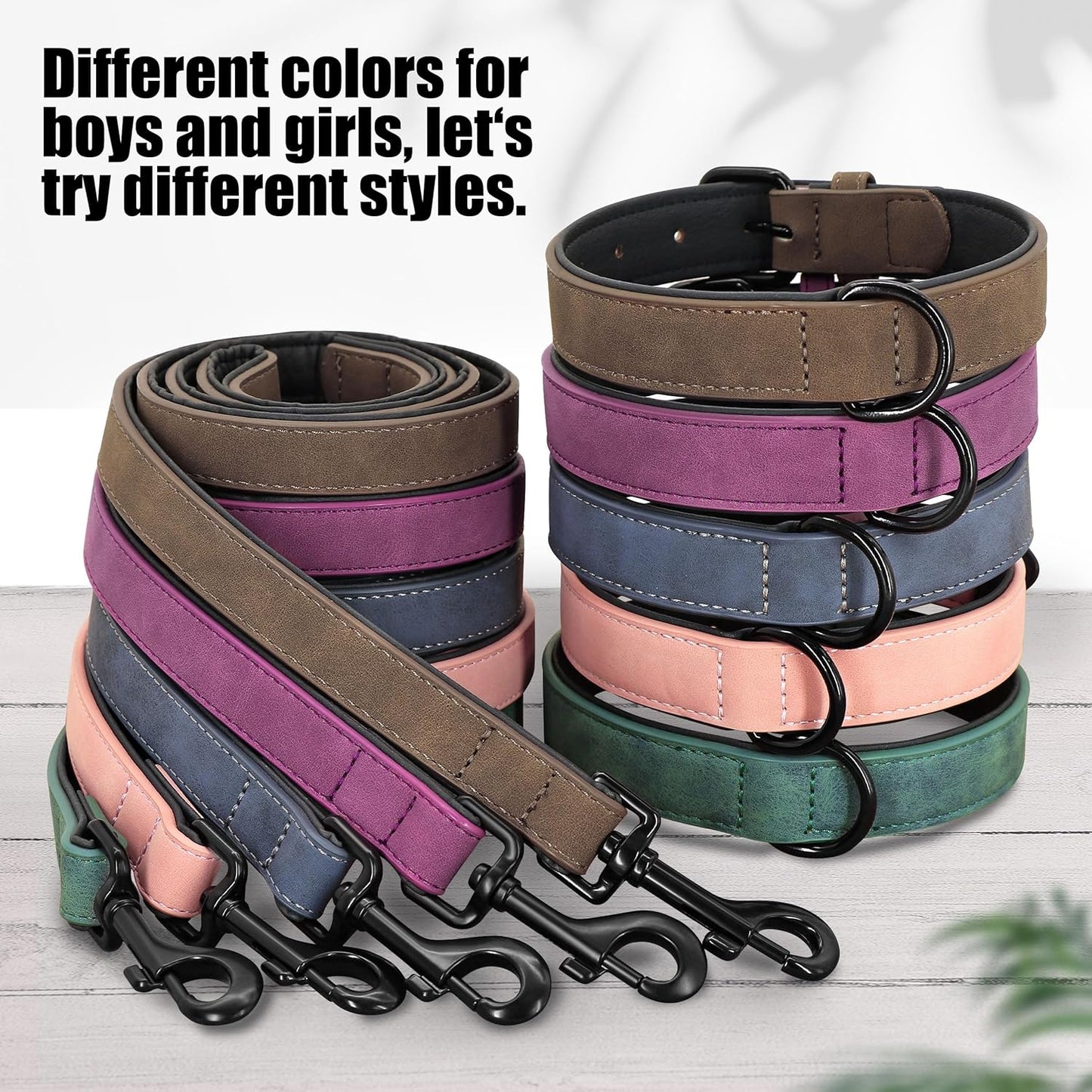 Didog Soft Padded Leather Dog Collar and Leash Set, Pink Breathable Pet Collars with 4FT PU Leather Dog Leash for Small Medium Large Dogs, Pink, XL