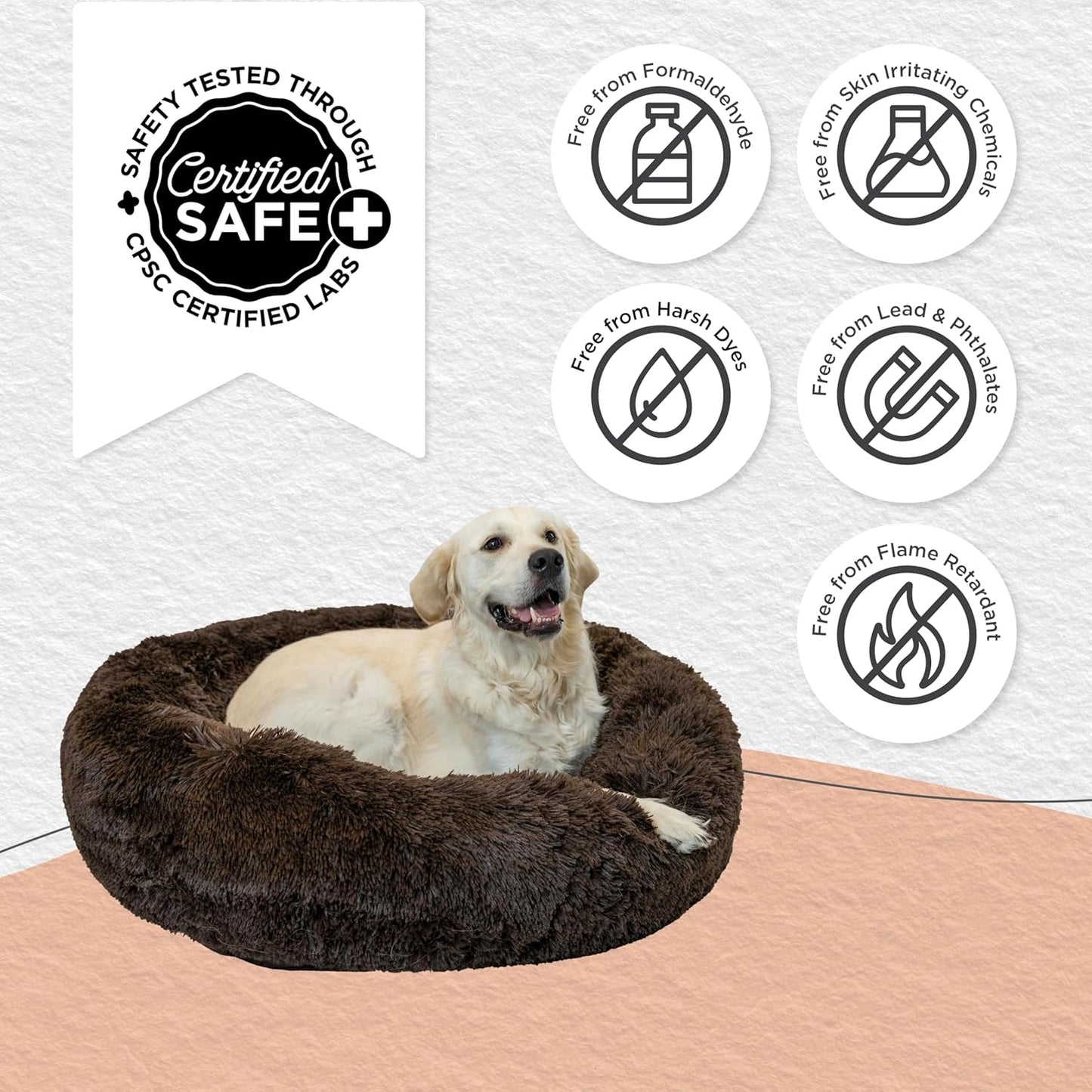 Best Friends by Sheri Original Calming Donut Dog and Cat Bed, Shag Faux Fur, Dark Brown, (36in x 36in) - Anxiety Relief for Pets Up to 100 lbs