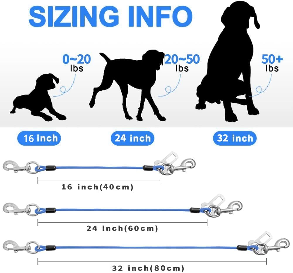 Dog Seat Belt Harness for Car,2pcs Dog Seatbelt of Coated Wire Leash Safety Restraint,No Chew Tether Cable Vehicle Dogs Accessories,Double Clips & Latch (Blue, 24 inch/60 CM)