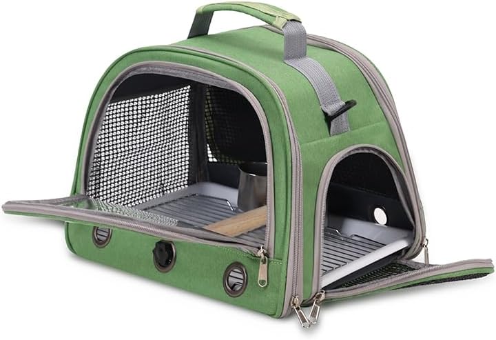 Bird Travel Carrier, Portable Small Bird Parrot Parakeet Carrier with Standing Perch and Tray, Side Access Window Collapsible Bird Carry Transport Bag for Vet Visit(Green)