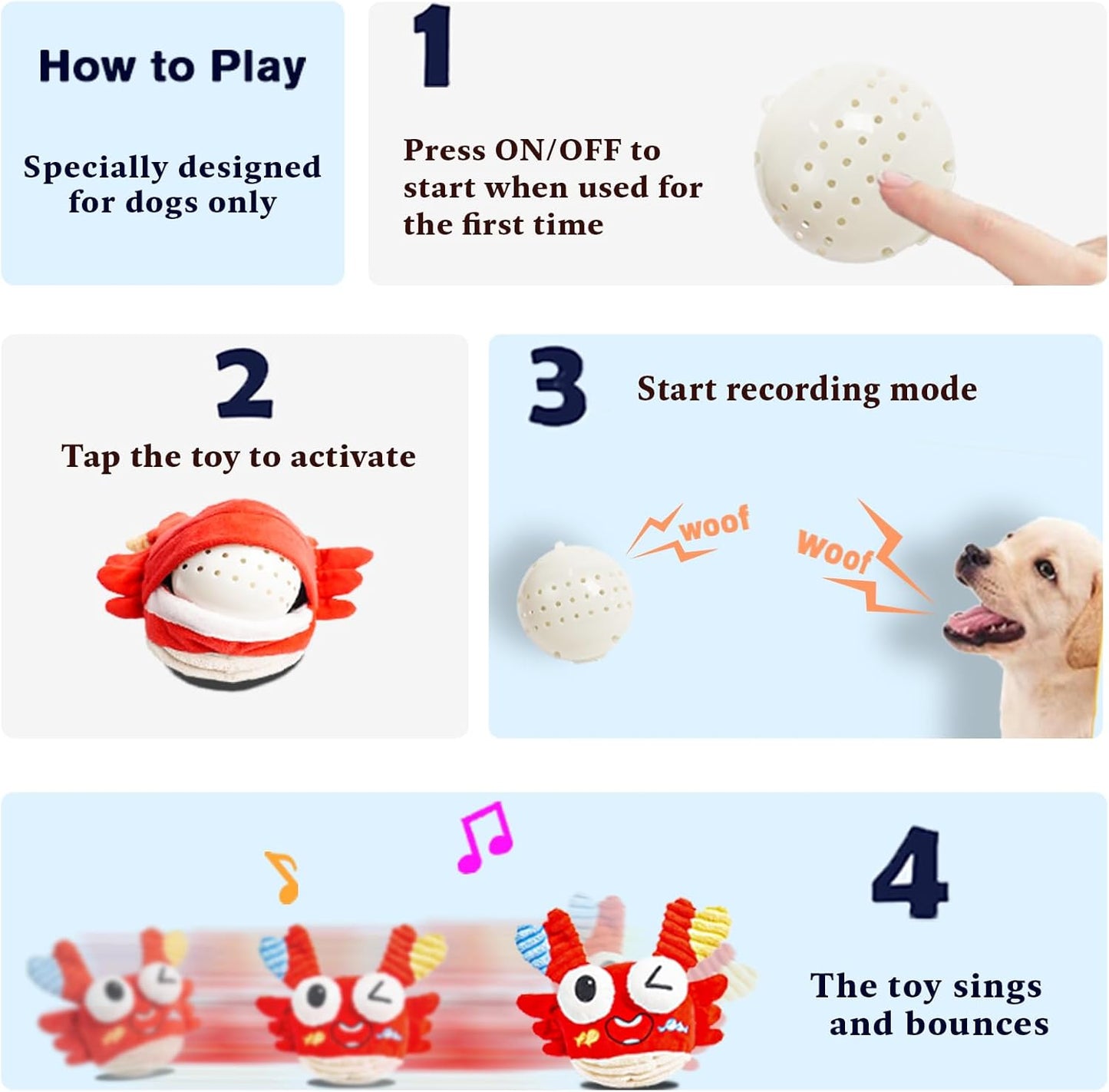 Interactive Dog Toys - Bouncing Crab with Music and Recording, Moving Ball for Small/Medium/Large Puppy to Keep Them Busy for Boredom, Smart Motion Activate Pet Toy, Rehargeable (Playful-Looking)