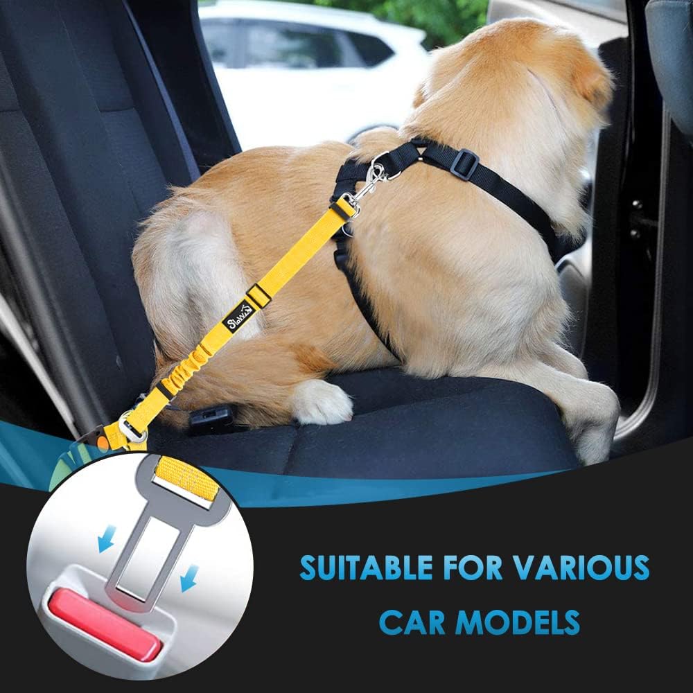 SlowTon Dog Seat Belt for Car, 2 Pack Dog Car Harness Seatbelt Adjustable with Elastic Bungee Buffer, 2 in 1 Pet Car Leash Headrest Restraint Dog Reflective Safety Tether (Yellow, Headrest+Clip)