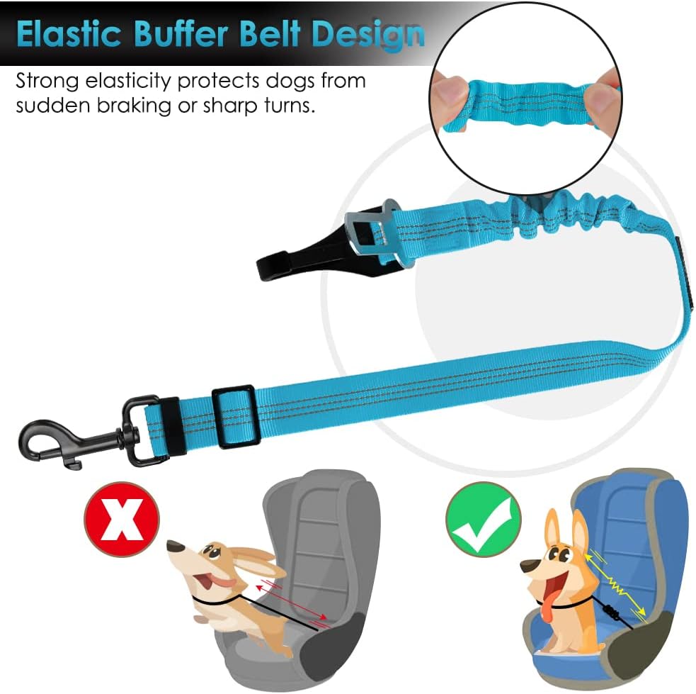 SlowTon Dog Seat Belt, Adjustable Dog Safety Belt Leash, 2 in 1 Latch Bar Attachment Dogs Car Seatbelt with Elastic Nylon Bungee Buffer, Reflective Nylon Belt Tether (TB,35.5in)